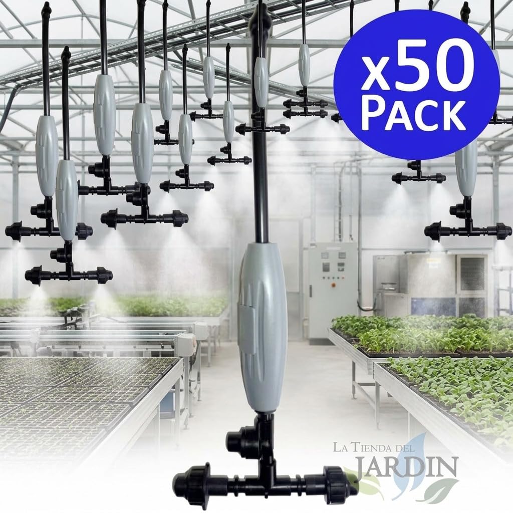 Suinga Pack 50 Nebulizadores Fogger Profesionales 2 Salidas | Sistema de Nebulización para Invernaderos, Terrazas, Viveros y Exteriores | Microaspersores de Agua para Refrigeración