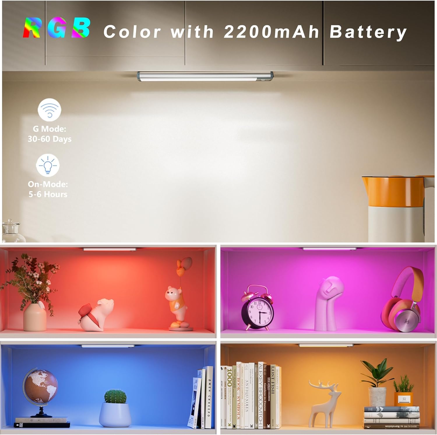 LEPOTEC Motion Sensor Cabinet Lighting,RGB LED Closet Lights Wireless USB Charging Cupboard Night Lights Bar for Under Counter,Kitchen,Bedroom, Home Decoration, Wedding, Christmas,3 Packs