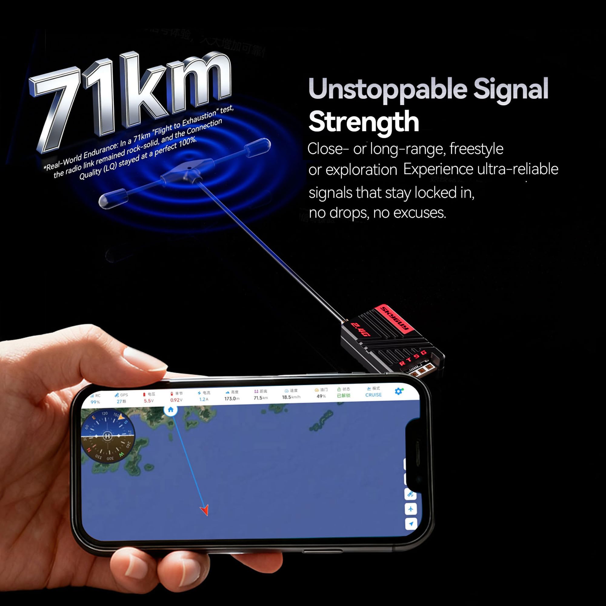 SkyGuy Receptor ELRS FPV de largo alcance de 1000 mW – Receptor ExpressLRS de 2.4 GHz Módulo RX con carcasa de disipador de calor de aluminio CNC, chip ESP32-C3, rango de 71 km para avión RC de ala