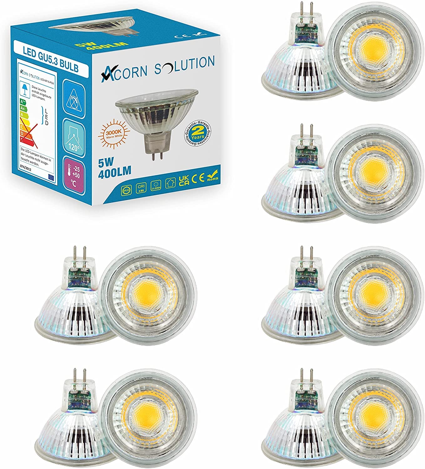 AcornSolution MR16 GU5.3 LED Light Bulbs, 12V, Warm White 3000K 50W Equivalent Replacement 5W Spotlight with 400 Lumen and 120°Beam Angle (PACK- 6)