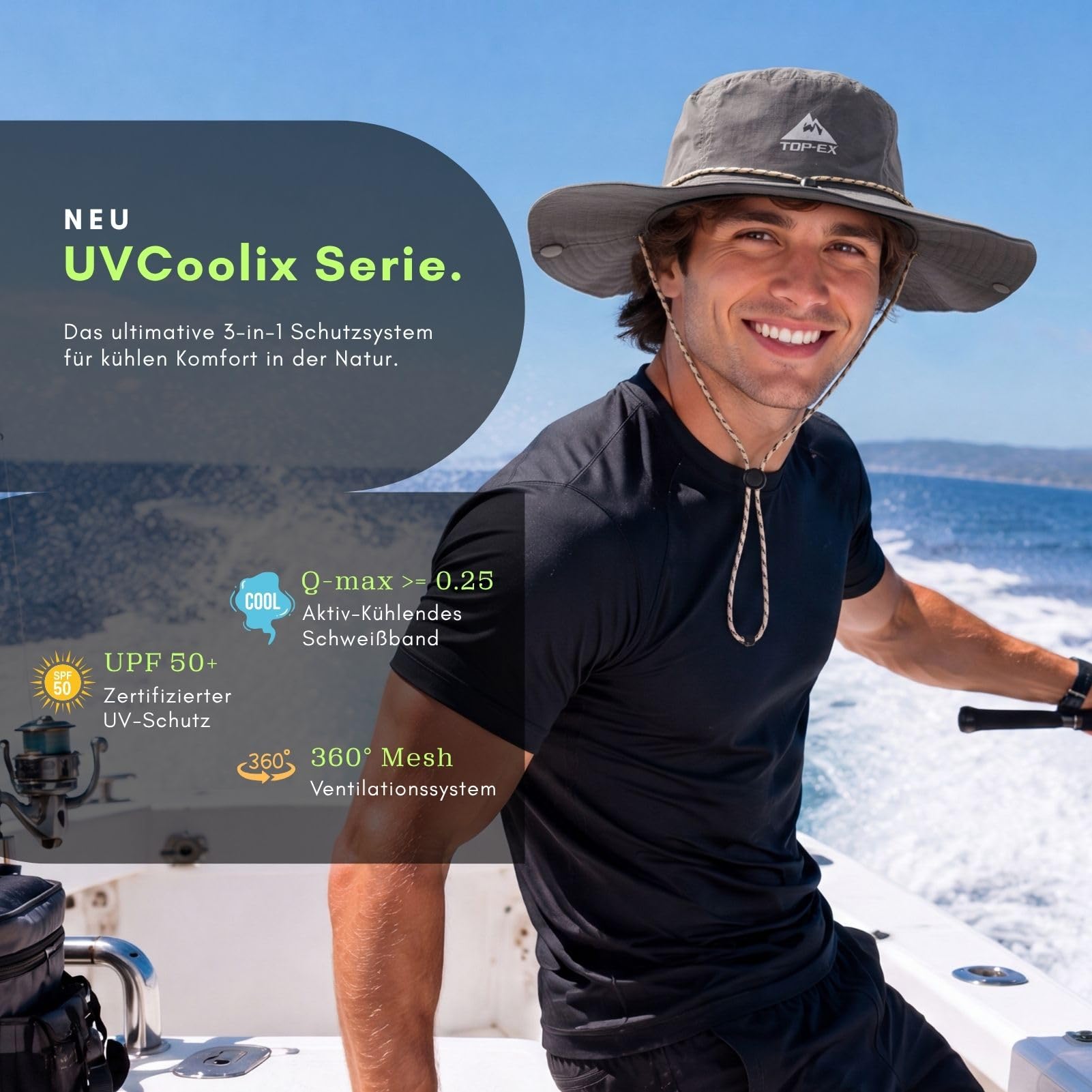 TOP-EX Chapeau de soleil imperméable pour homme et femme avec protection UV UPF 50, respirant, pour la randonnée, la pêche, réglable, pliable, grande tête