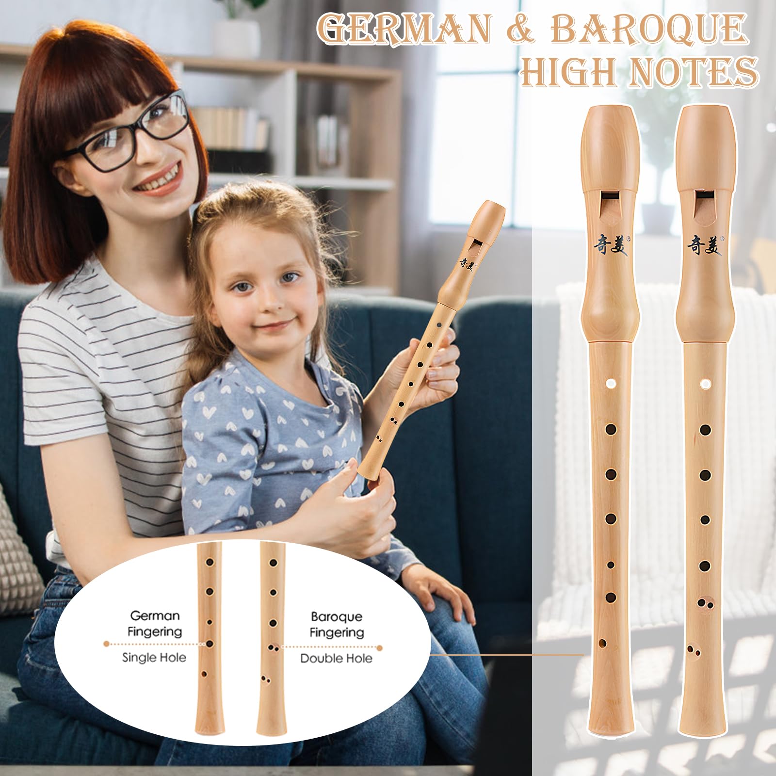 Volumoon Bois d’Érable Flûte à Bec Soprano Doigté Baroque/Allemand, Set Cadeau, Flûte Rigide, pour Enfant et Adulte Débutants