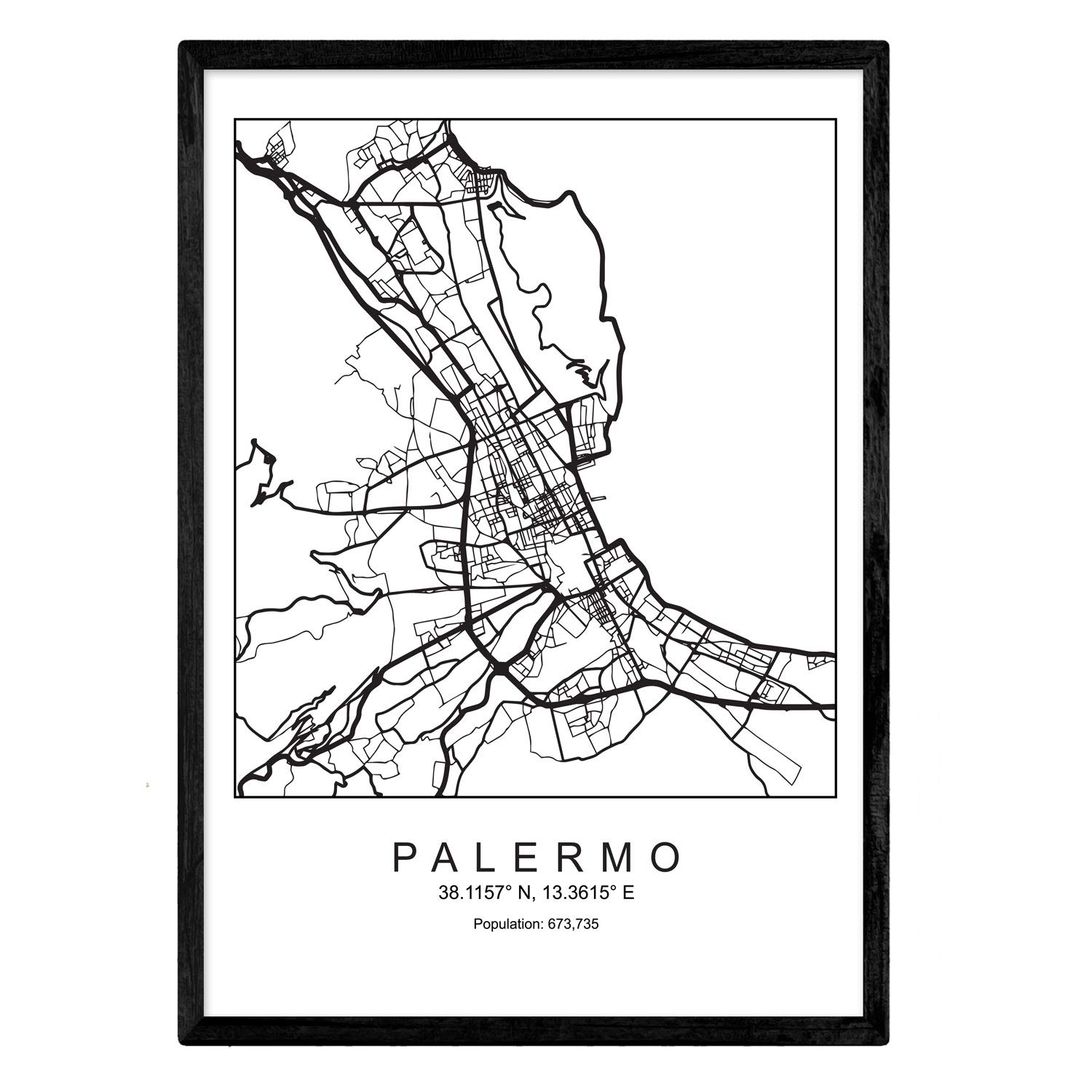 Nacnic Poster City Map Palermo Nordic Style in Black and White - A4 Framed Poster with Black Frame Printed Paper 250g Pictures, Sheets and Posters for Living Room and Bedroom