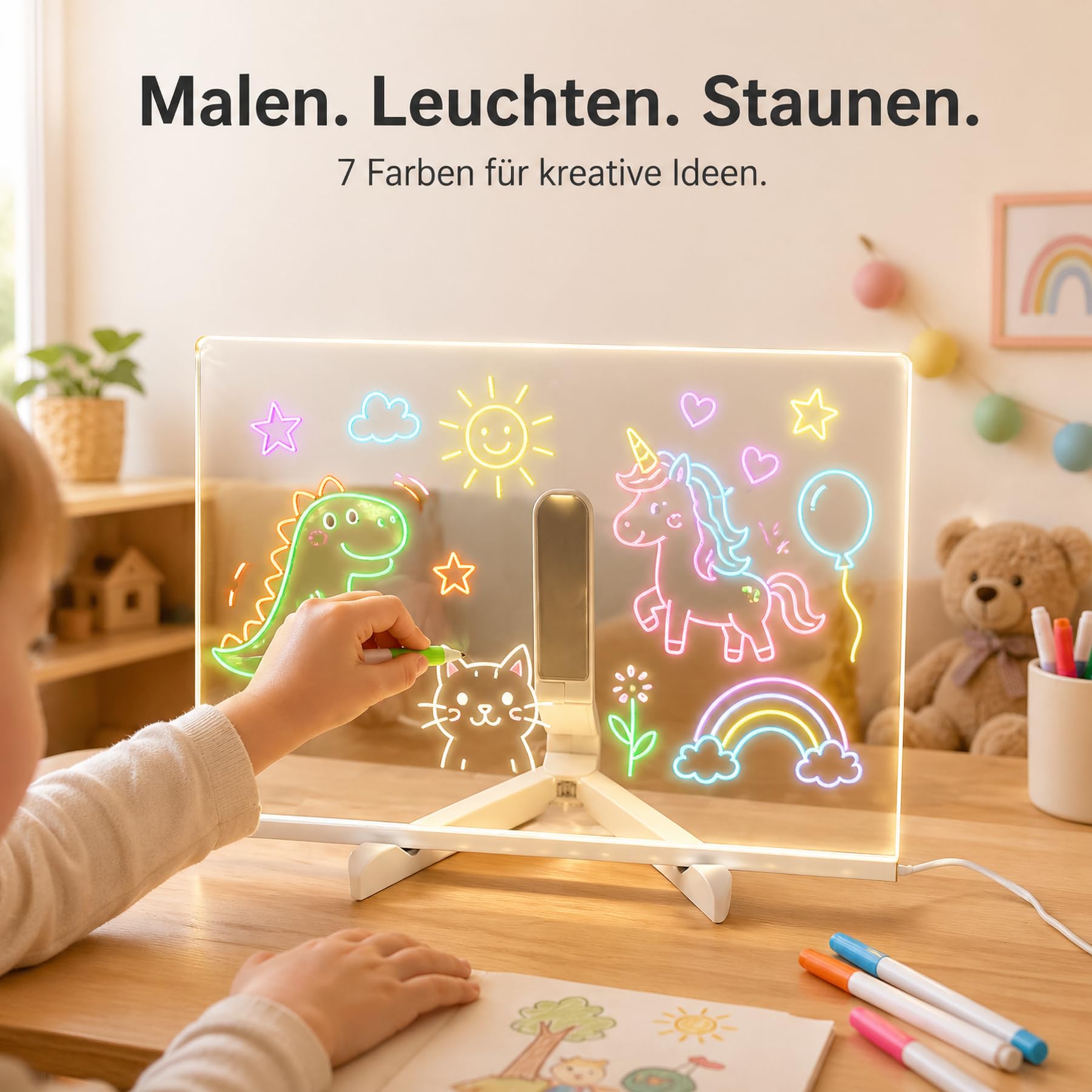 ACMHNC LED Zeichenbrett Kinder, LED Notiztafel mit 7 Farben Stift, Leuchtende Maltafel für Mädchen Junge, Abwischbare Acryl Schreibtafel 30x20cm, als Geschenk für 3-12 Jahre, Drawing Board