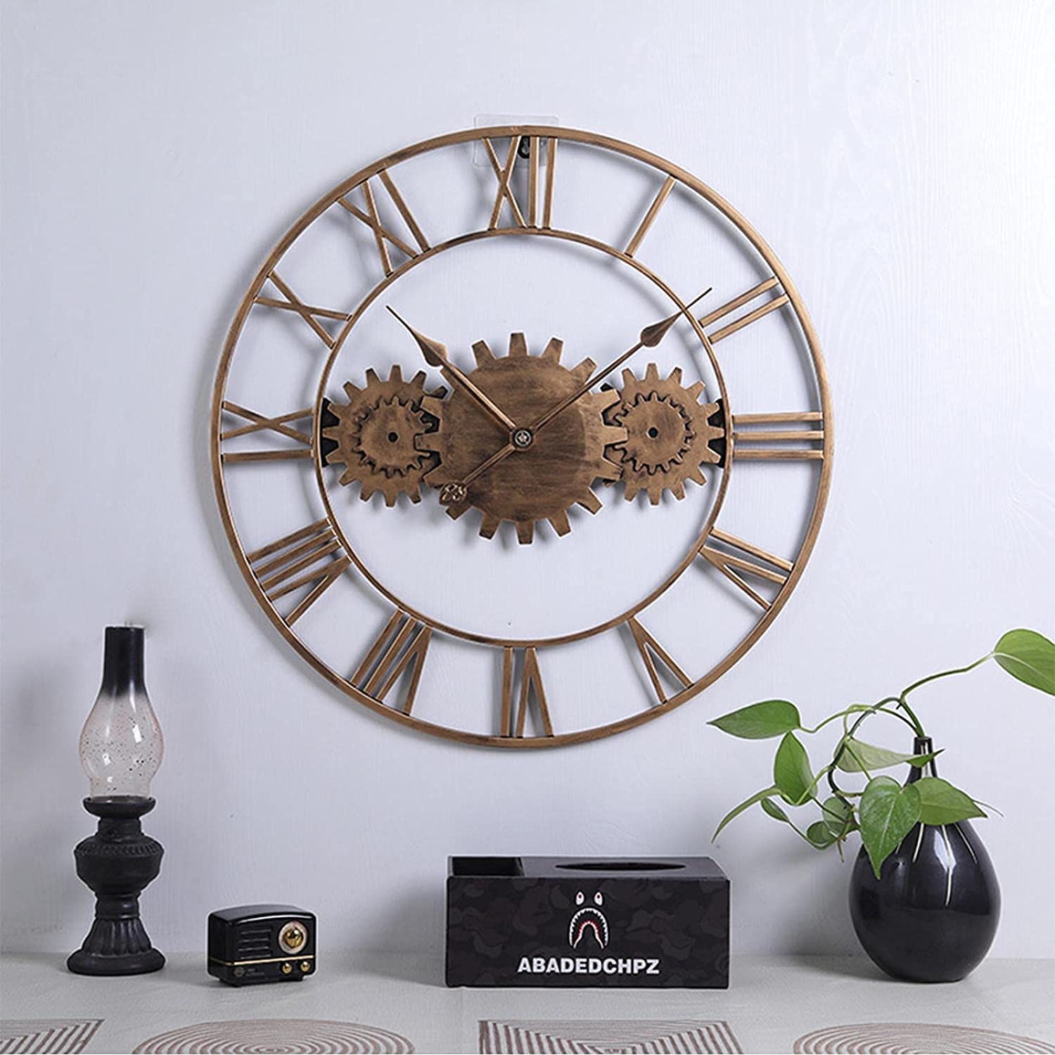 XJBTBA Reloj de Pared Grande con Engranaje Retro Romano, Redondo, de Metal, silencioso, sin tictac, Funciona con Pilas, 22.8 in, Reloj de Pared Industrial Grande para Sala de Estar, Dormitorio,