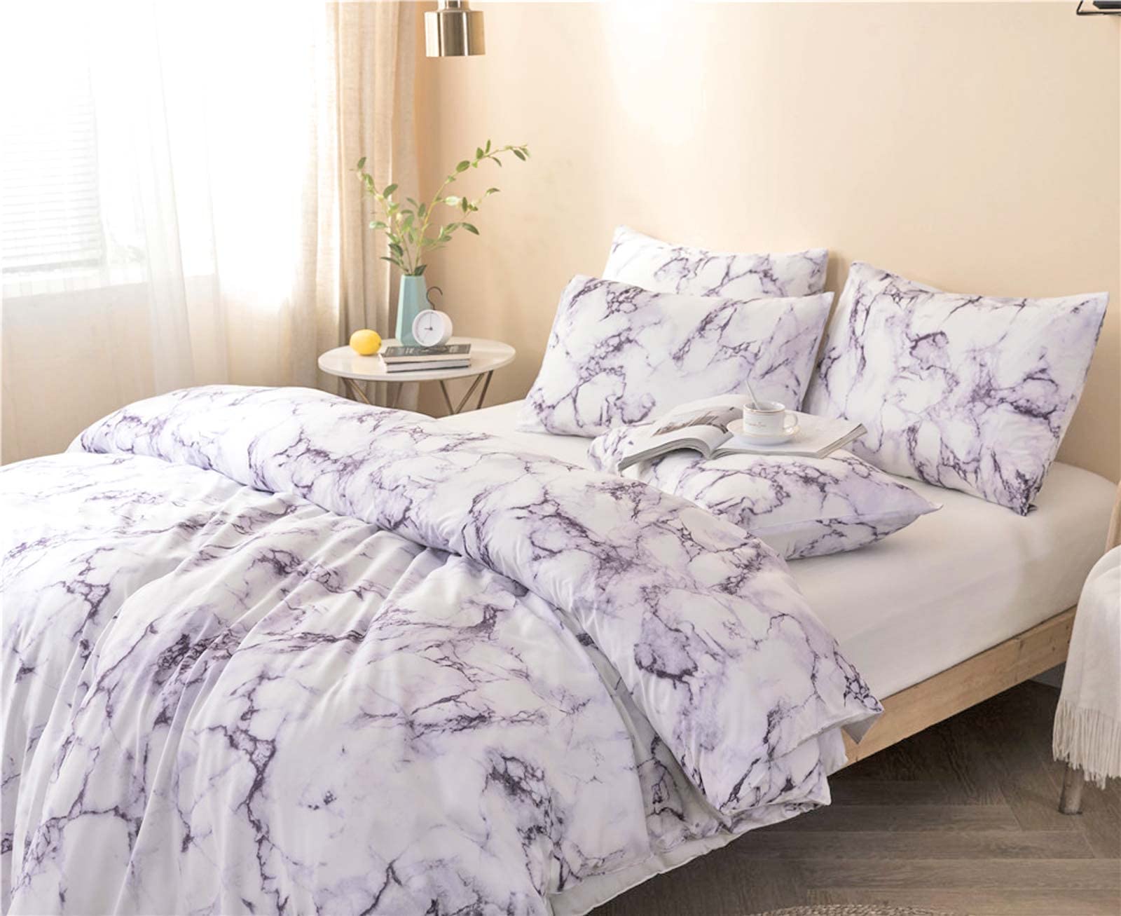 Nanko Queen Size Comforter Set, Purple Marble Pattern Print Reversible Down Alternative Microfiber Duvet Bed Sets (1 Comforter + 2 Pillow) Modern Bedding Sets for Women Men Teen, Art 88 x 90 inch 3pc