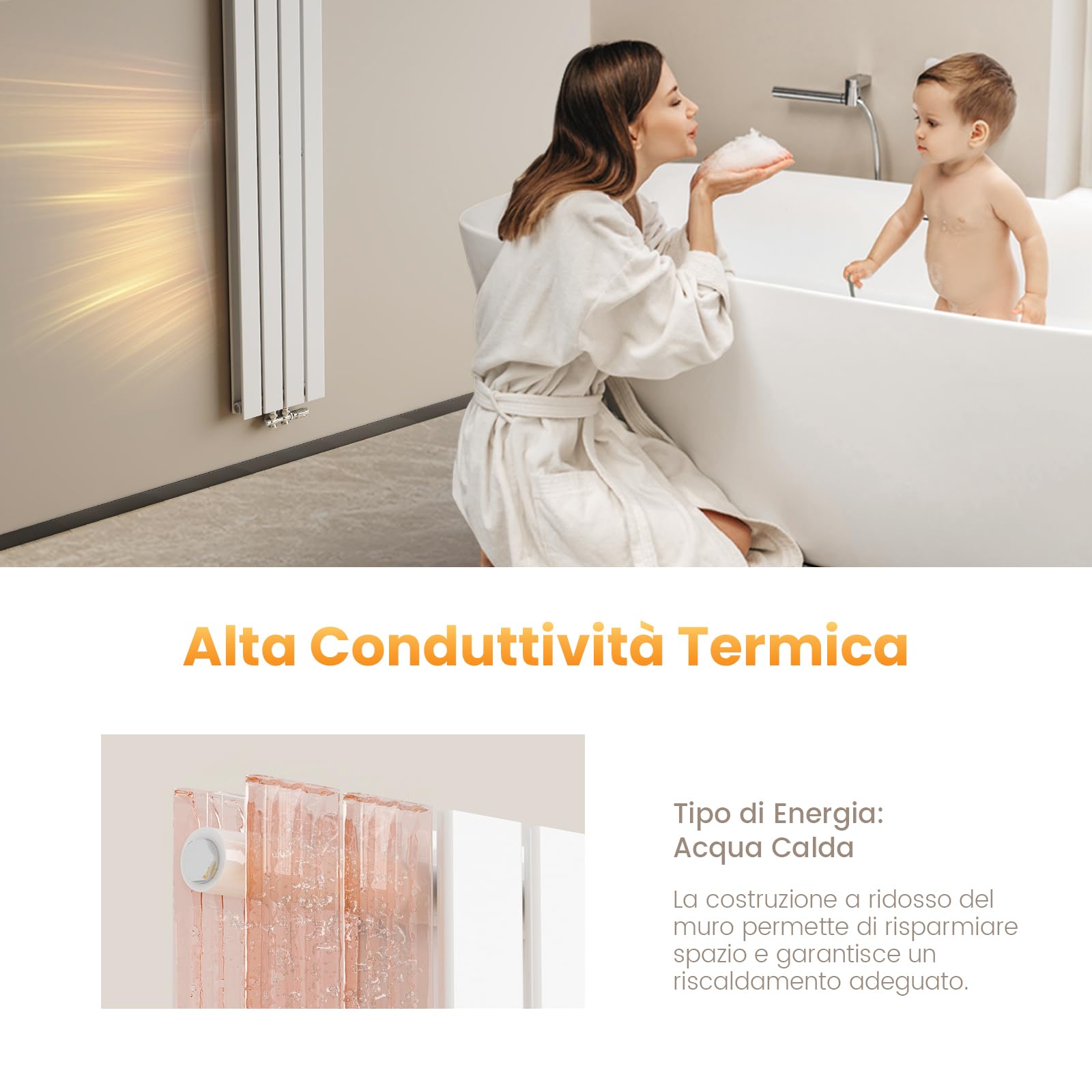 EMKE Radiatore Design Verticale, 160 x 30 cm, Radiatore Piatto da Parete in Acciaio, Doppio Pannello, Attacco Centrale, Bianco, 889W (valvole incluse)