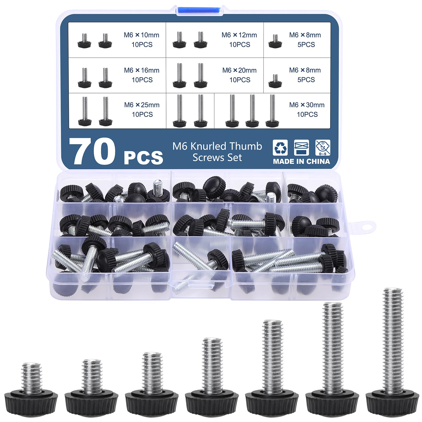 OCR 70PCS M6 Thumb Screws, Thumbscrew Set Carbon Threaded Knurled Knob Mounting Screw Grip Knobs Handle Bolts Round Clamping Screws Hose Clips for