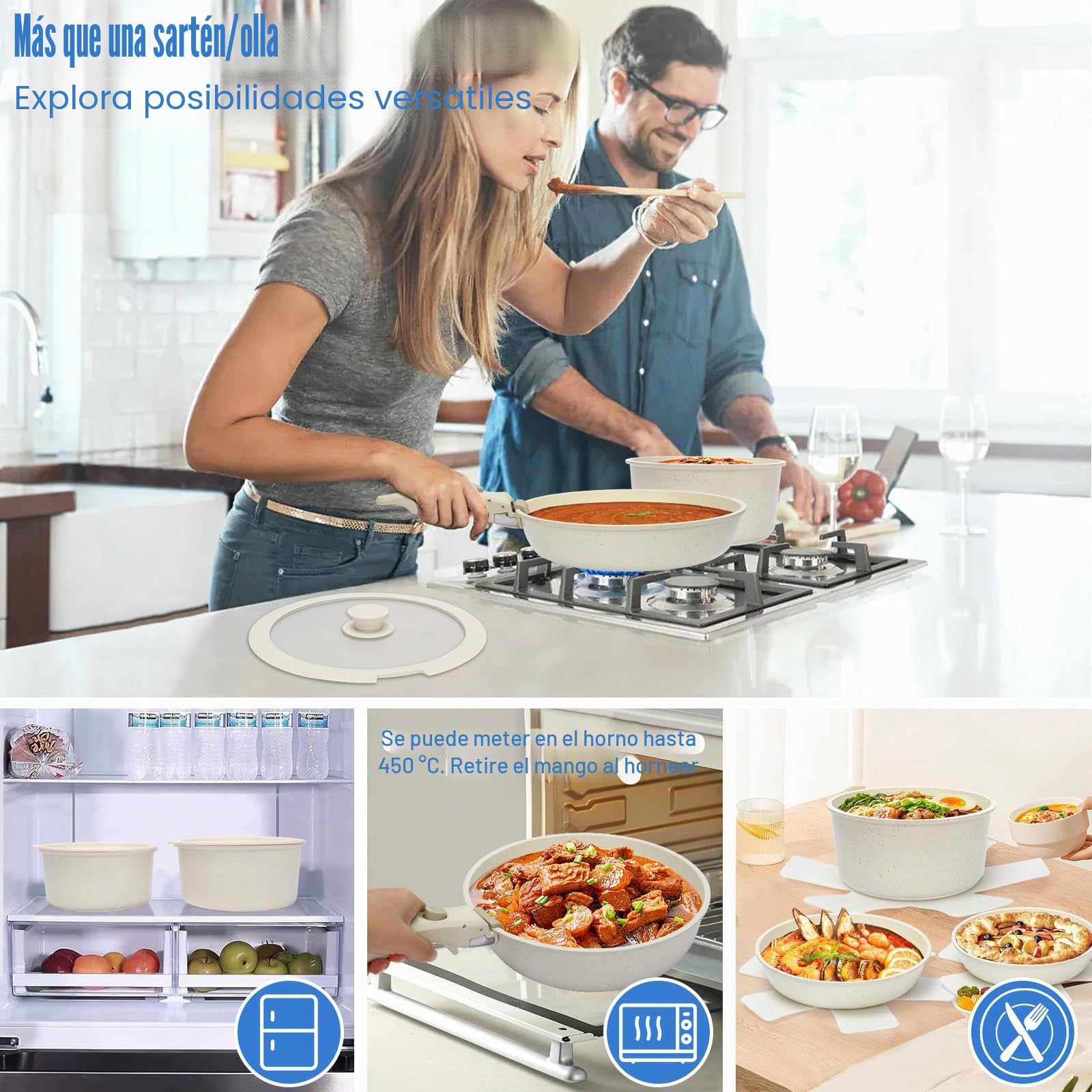 GFTIME Juego de ollas de 17 piezas, revestimiento de cerámica antiadherente con asas extraíbles, para todo tipo de cocinas, incluidas las de inducción, apilables y aptas para lavavajillas