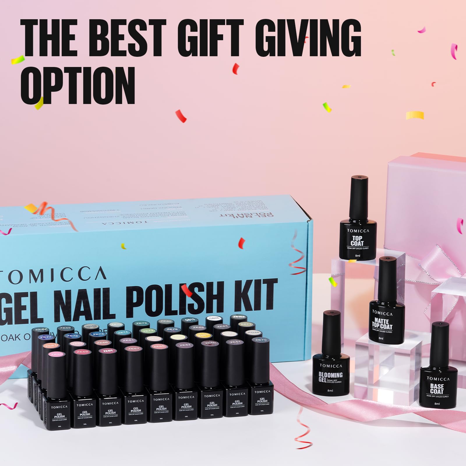TOMICCA 40PCS UV Nagellack Set, 36 Farben Rot Braun Schwarz Blau Herbst & Winter Farben Gel Nagellack & 4PCS Base Top Coat Set mit Blooming Gel & Rund Nagel Display, für Nagelstudio & DIY Home