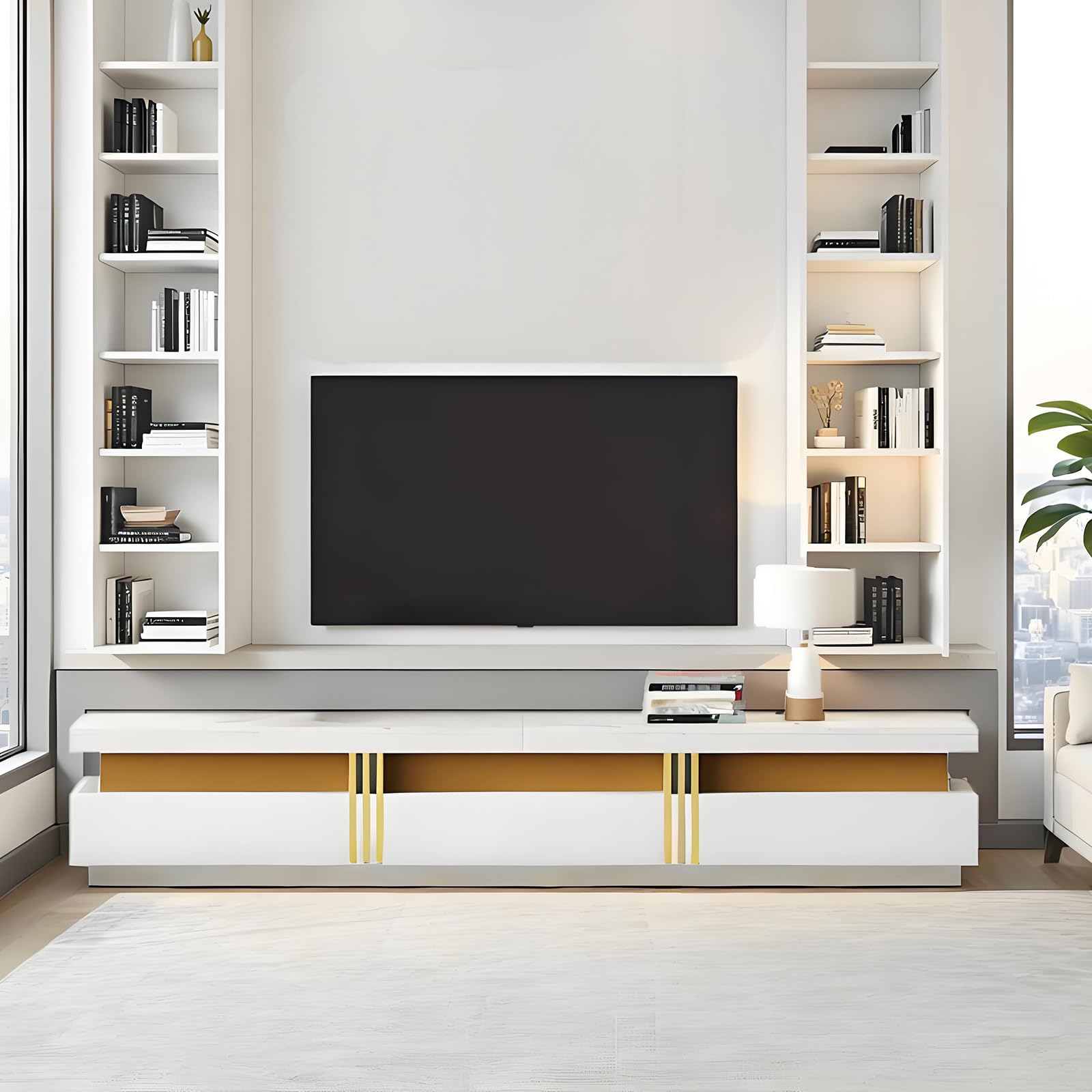 LANTRO JS White TV Unit for 89 inch TV, TV Stand with Faux Marble Top, 200cm TV Cabinet with Golden Panel Design and 3 Drawers