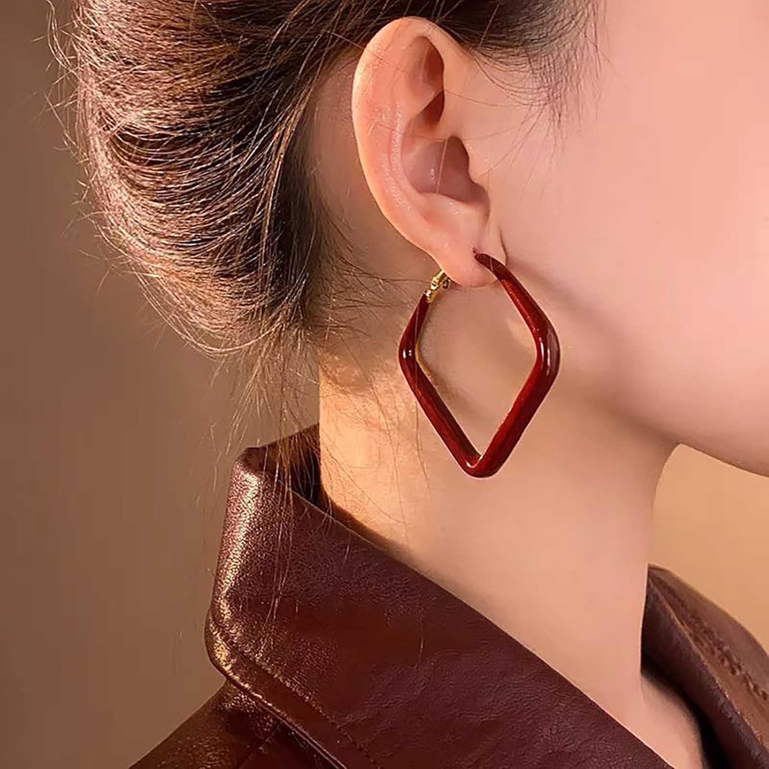 Vintage Big Square Hoop Huggie Earrings Red Square Earrings Open Square Stud Earrings Large Square Hoop Earrings Exaggerated Geometric Earrings Jewelry for Women - Image 2