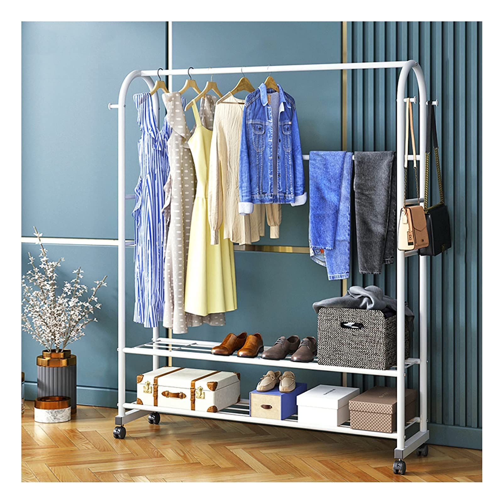 YNBSHGAA Metal Clothes Rail Rack with Wheels for Bedroom and Livingroom/Gold/100cm Heavy Duty Garment Dress Coats Jackets Drying Rack,White-120cm
