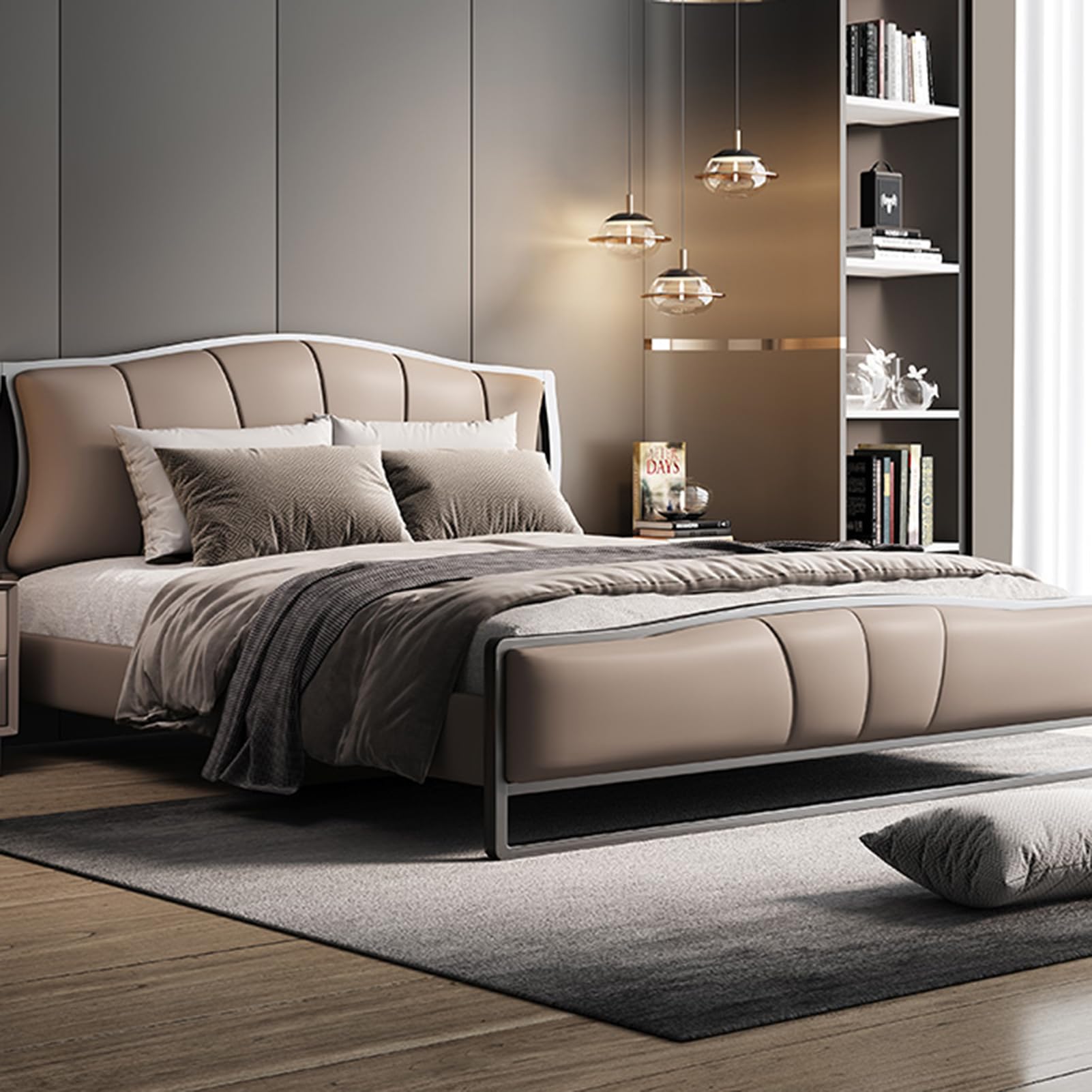 King Size Genuine Leather Wood Bed Upholstered Platform Bed Frame with Headboard and Lift Up Storage Wooden Slats