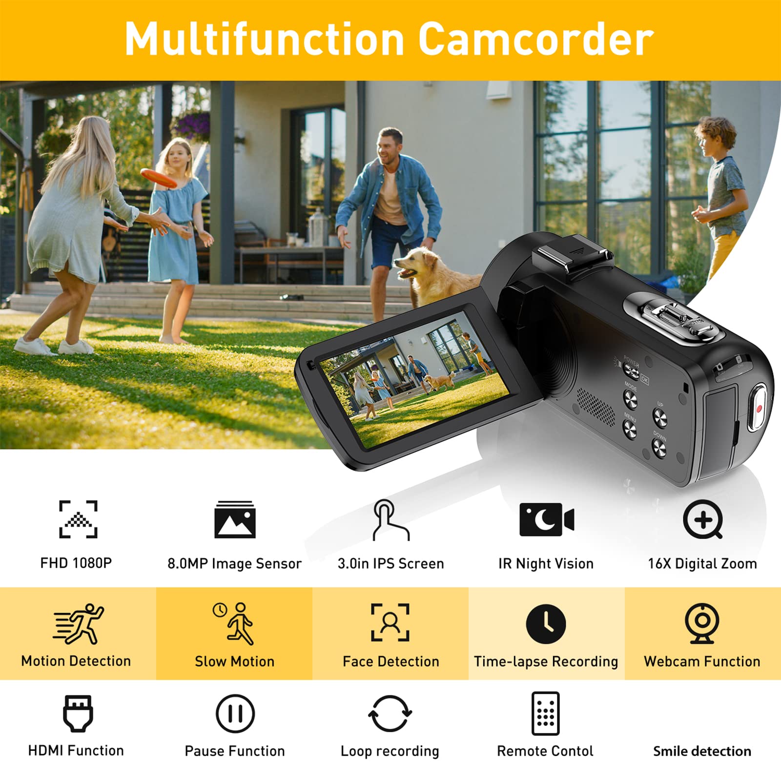 Videocamera Digitale FHD 1080P Camcorder 30FPS Vlogging Camera per Youtube 16X Zoom Digitale e IR Visione Notturna 3.0" IPS Schermo Videocamera Camcorder con 2 Batterie e Telecomando