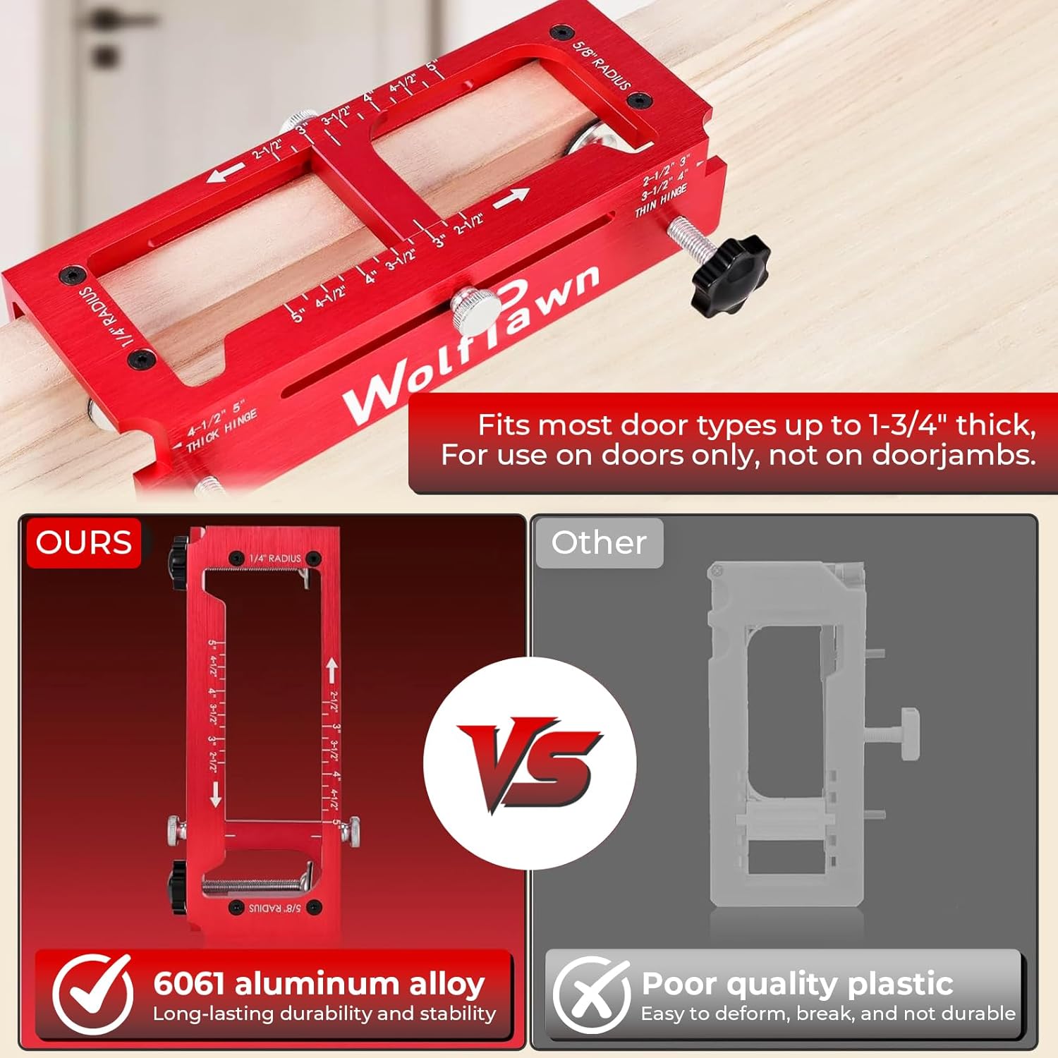 Door Hinge Jig, Adjustable Mortise Jig, Aluminum Alloy Door Hinge Template kit Suitable for Door Hinges with 3" to 5" Length and Types of Square Radius 1/4" or Radius 5/8" (Red)