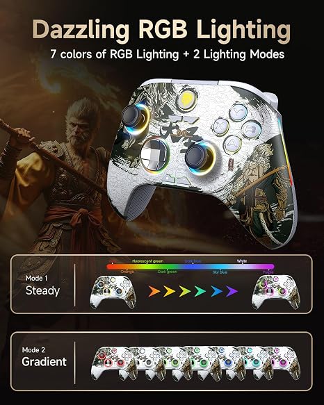وحدة تحكم EasySMX X15 للكمبيوتر الشخصي لاسلكية مع 7 وحدات تحكم ألعاب RGB مع عصا تحكم Hall ومشغل بلوتوث متوافقة مع الكمبيوتر الشخصي/المفتاح/المساعد/الكمبيوتر اللوحي Wukong