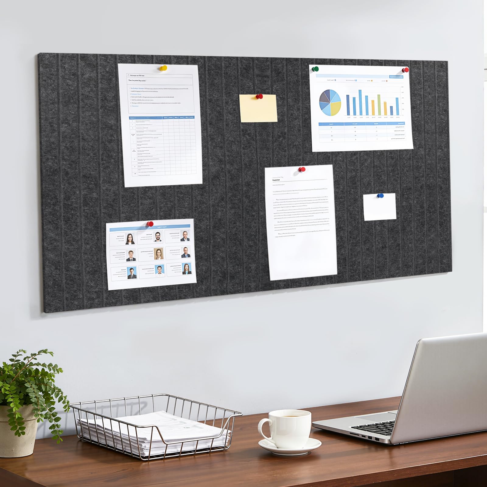 ddckj 80x40cm Bulletin Board 0.9cm Thick Decorative Felt Pin Board with 45 Push Pins and Adhesive Sticker, Felt Wall Tiles for Home Office Kitchen School for Photos Memos, Dark Gray