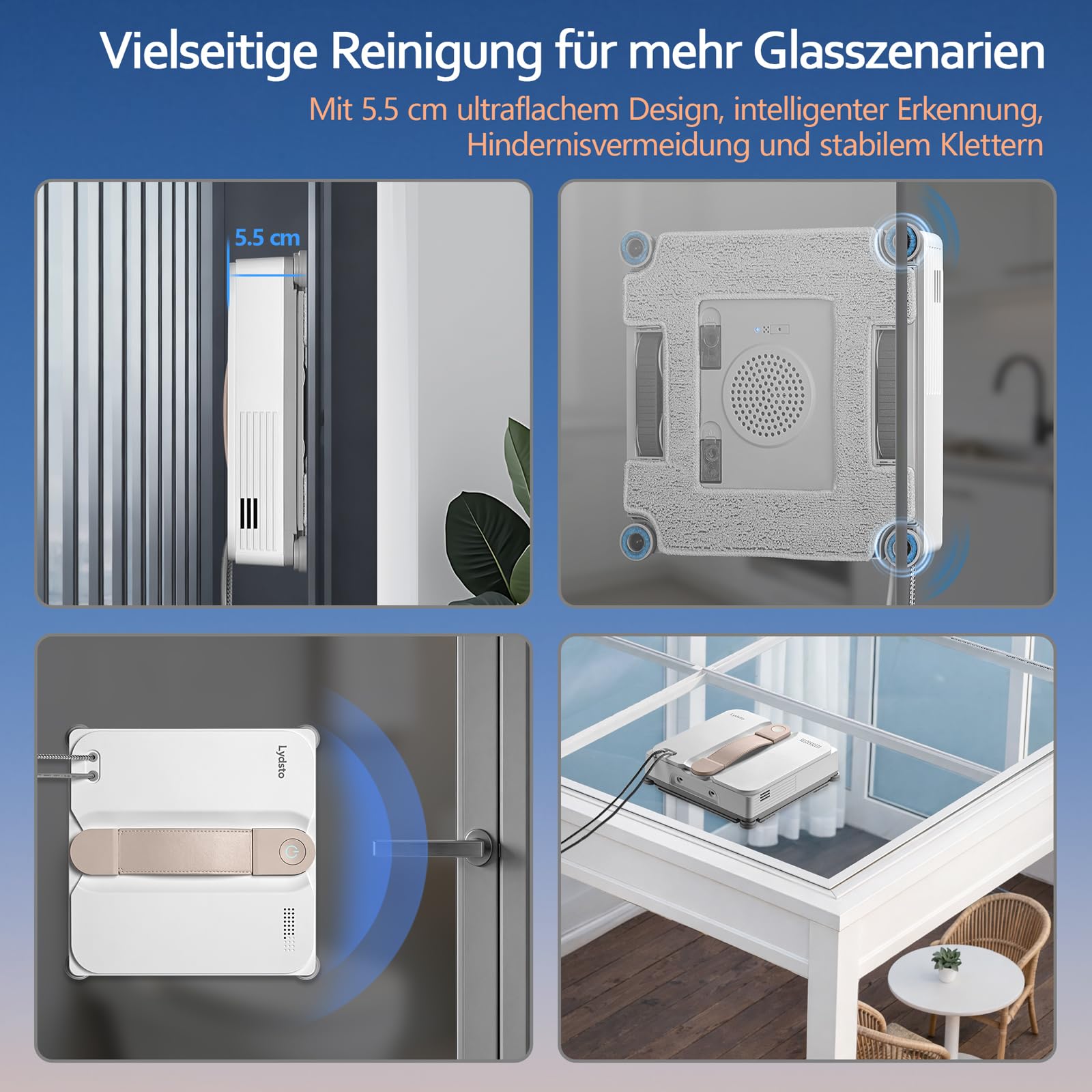 Lydsto WL07 Max Fensterputzroboter mit Sprühfunktion kompakt, Vier Ultraschall Wasserdüsen, Eckenreinigung, 8000Pa Elektrischer Fensterputzer 110ML Tank, 4 Reinigungsmodi (Weiß)