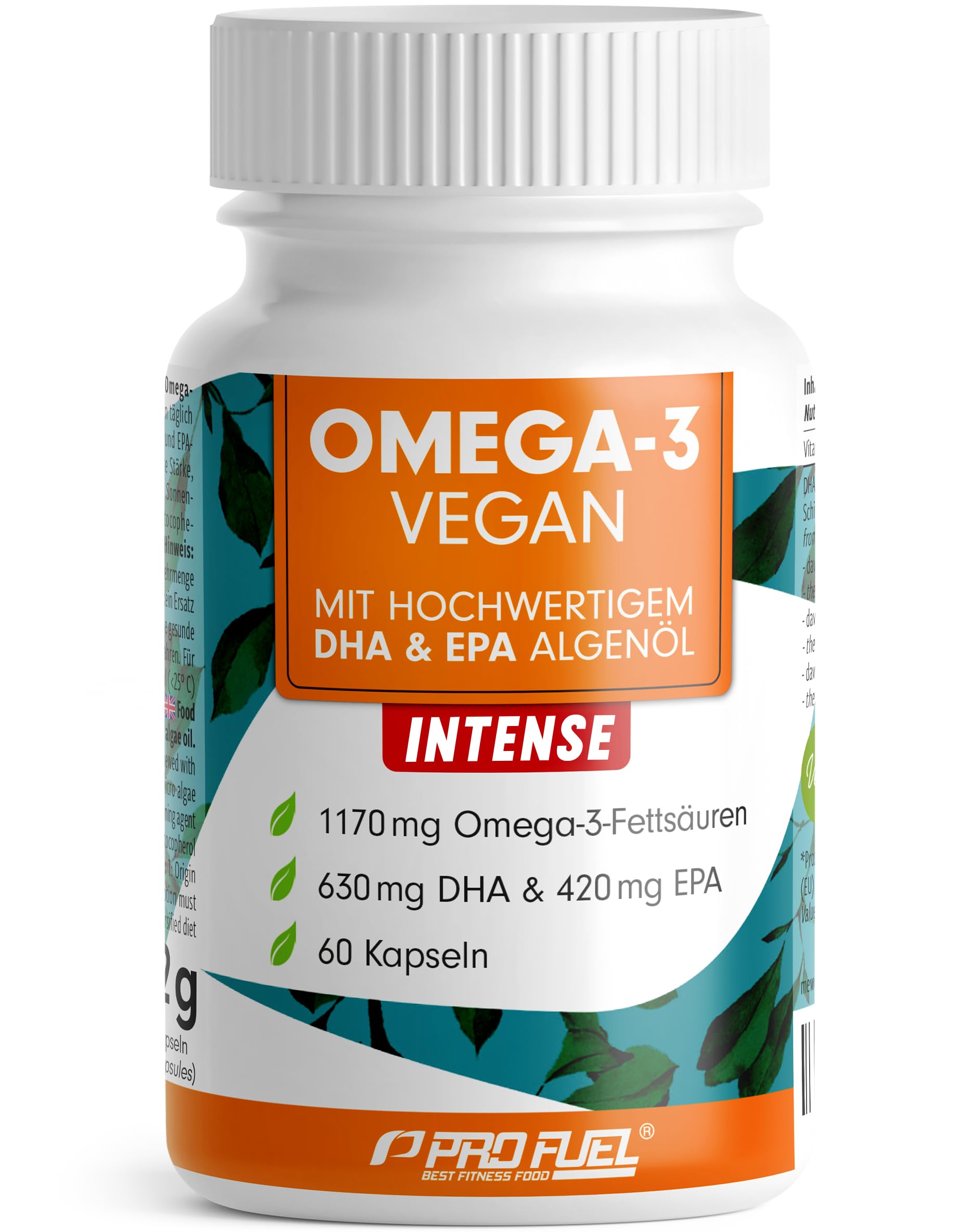 Omega-3 vegan INTENSE - 60 Kapseln - 2000 mg Algenöl pro Tag - hochdosiert mit 630mg DHA + 420 mg EPA - vegane Omega-3 Algenöl Kapseln - DHA:EPA Verhältnis 3:2 - laborgeprüft mit Analyse-Zertifikat
