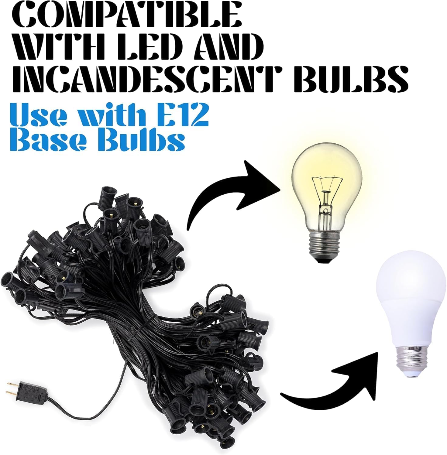 Holiday Lighting Outlet C7 Christmas Light String, Patio and Event Lighting, Black Cord, 12" Socket Spacing SPT-1 (50',)