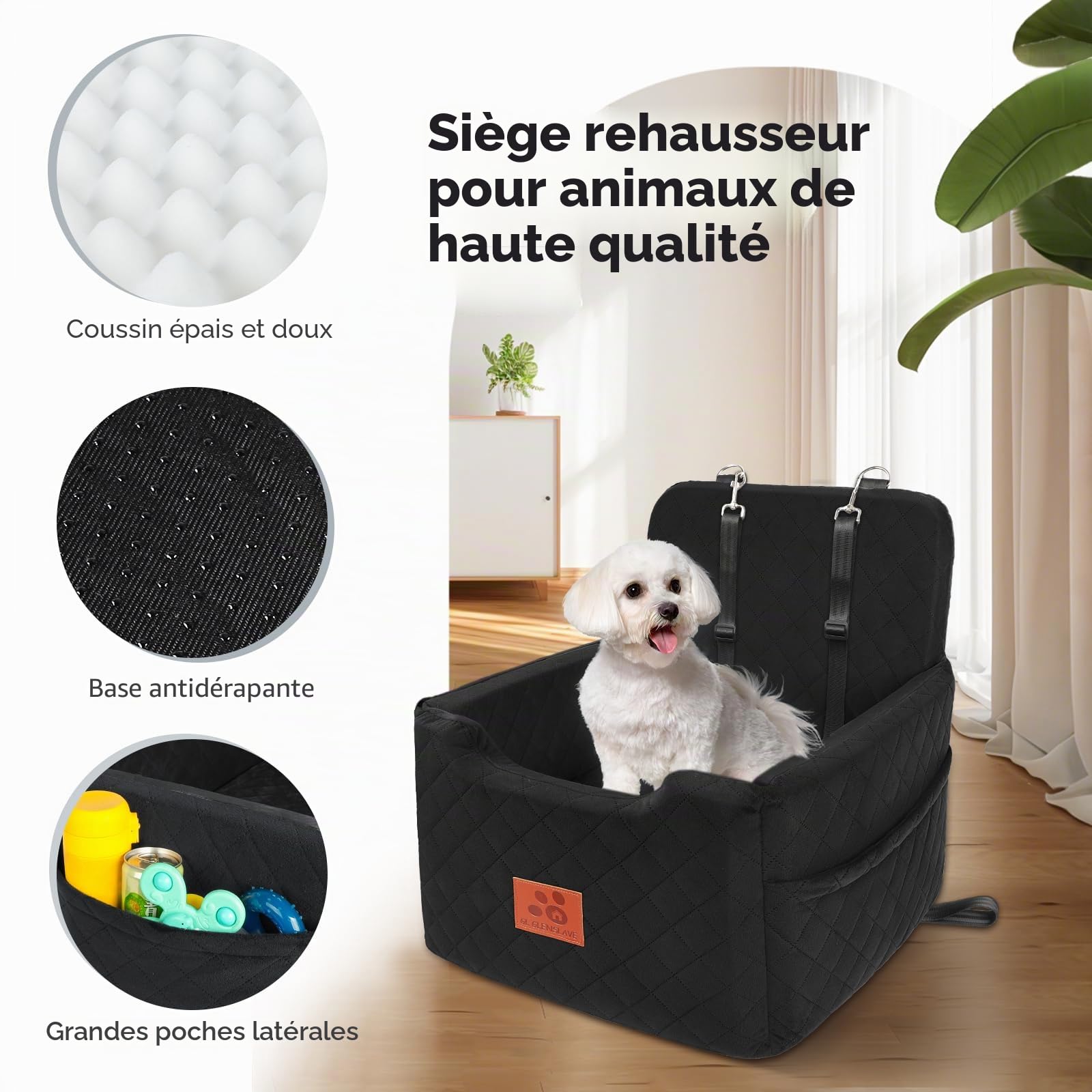 GL GLENSLAVE Siège auto pour chiens de petite et moyenne taille de moins de 15,9 kg, siège rehausseur en mousse à mémoire de forme, amovible et lavable, lit pour chien avec 2 ceintures de sécurité