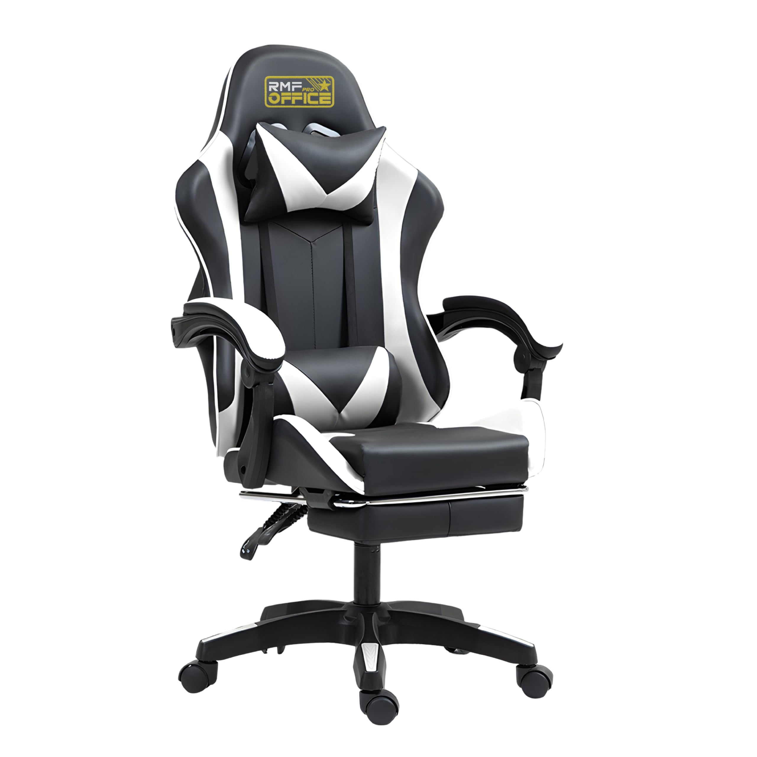 RMF Sedia Gaming Professionale Ergonomica Reclinabile, Poltrona Gaming Seduta Comoda e Rilassante con Poggiapiedi - Sedia per Gamer con Ruote Girevoli, Altezza Regolabile Bianco/Nero