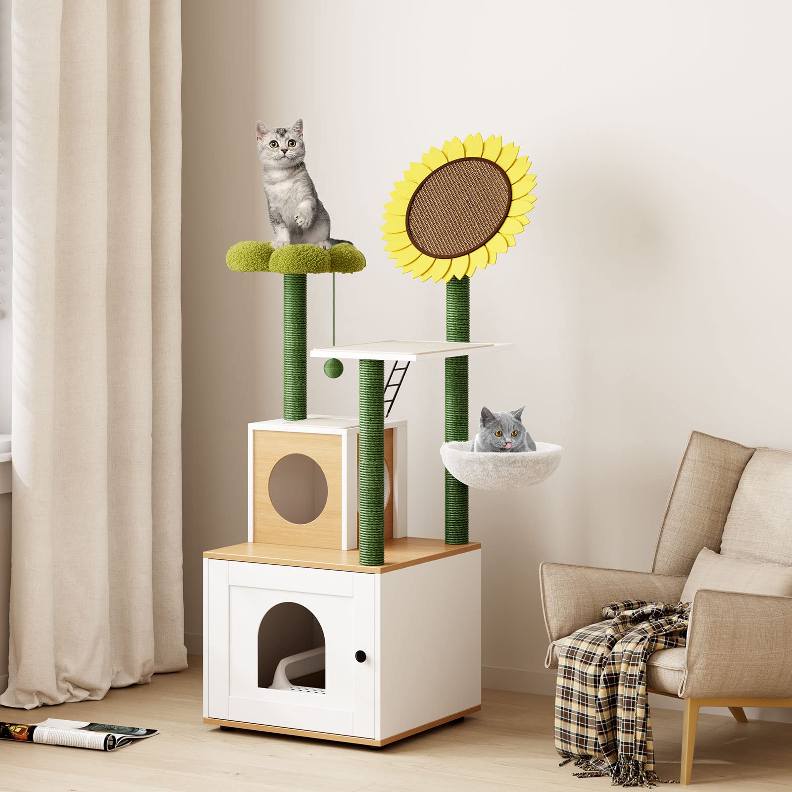 Soges Albero per Gatti con Lettiera, Bagno Nascosto e Tiragraffi