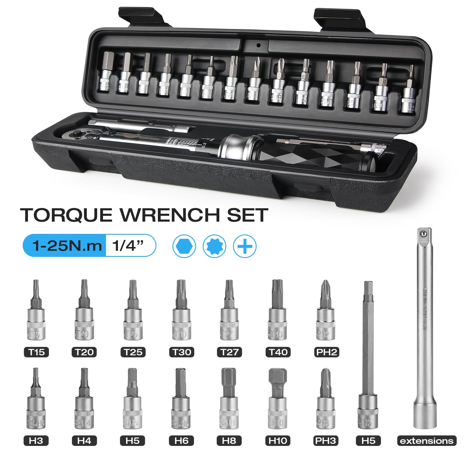 Jeu de clés dynamométriques pour vélo 1/4" Drive Click 1-25 Nm – Kit d'outils d'entretien pour vélo de route/VTT – Comprend Allen, Torx, Philip, kit de réparation d'embouts à douille H5 étendu, barre
