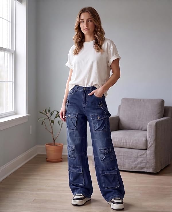 Lafaguw Cargo Jeans for Women Low Waist Baggy Pants Y2k Dark Blue by Lafaguw - Used condition - Image 3