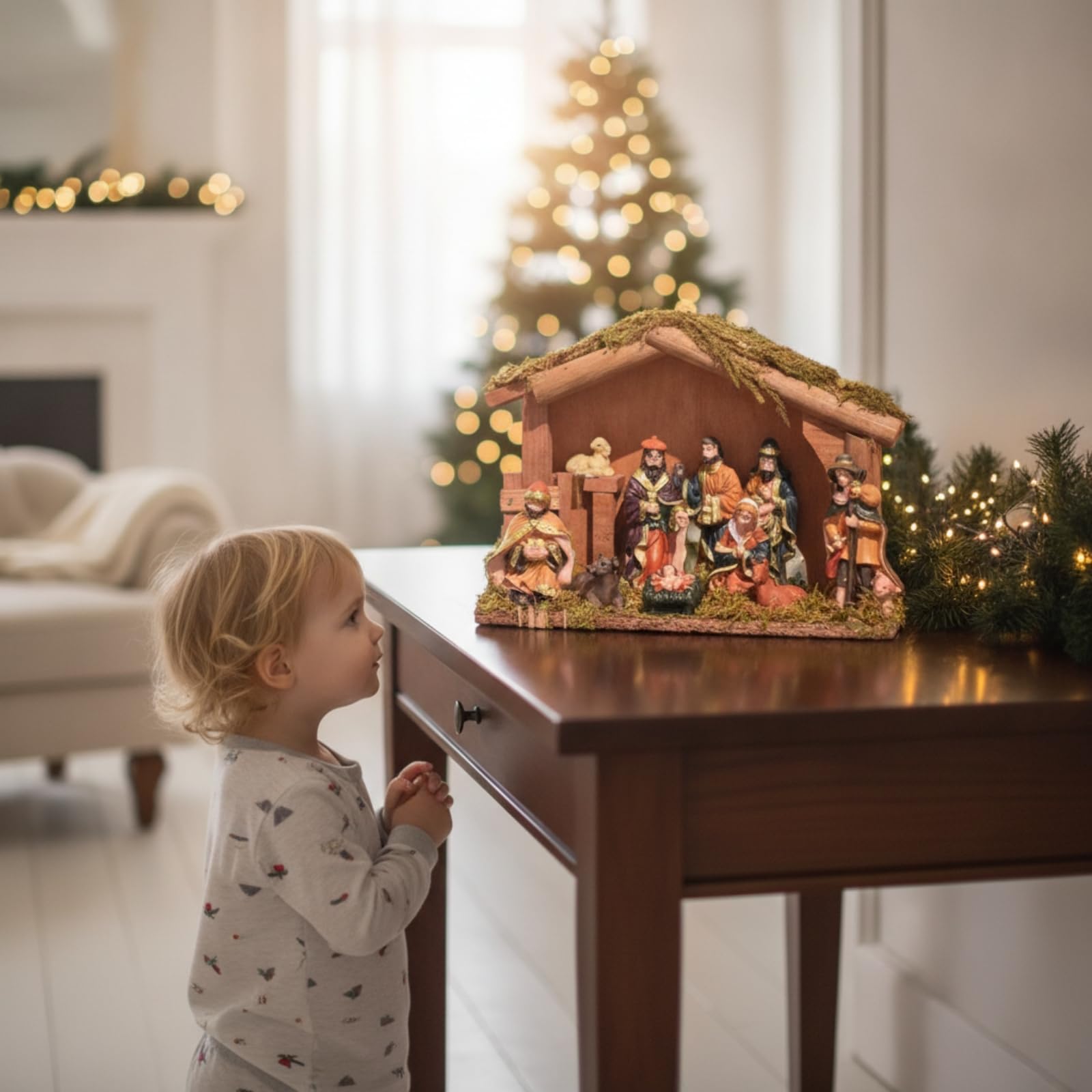 krippe mit Stall und Figuren kompakt Krippe mit Stall handgefertigt Mini-Krippe Figuren für Wohnzimmer, Kamin, Style B