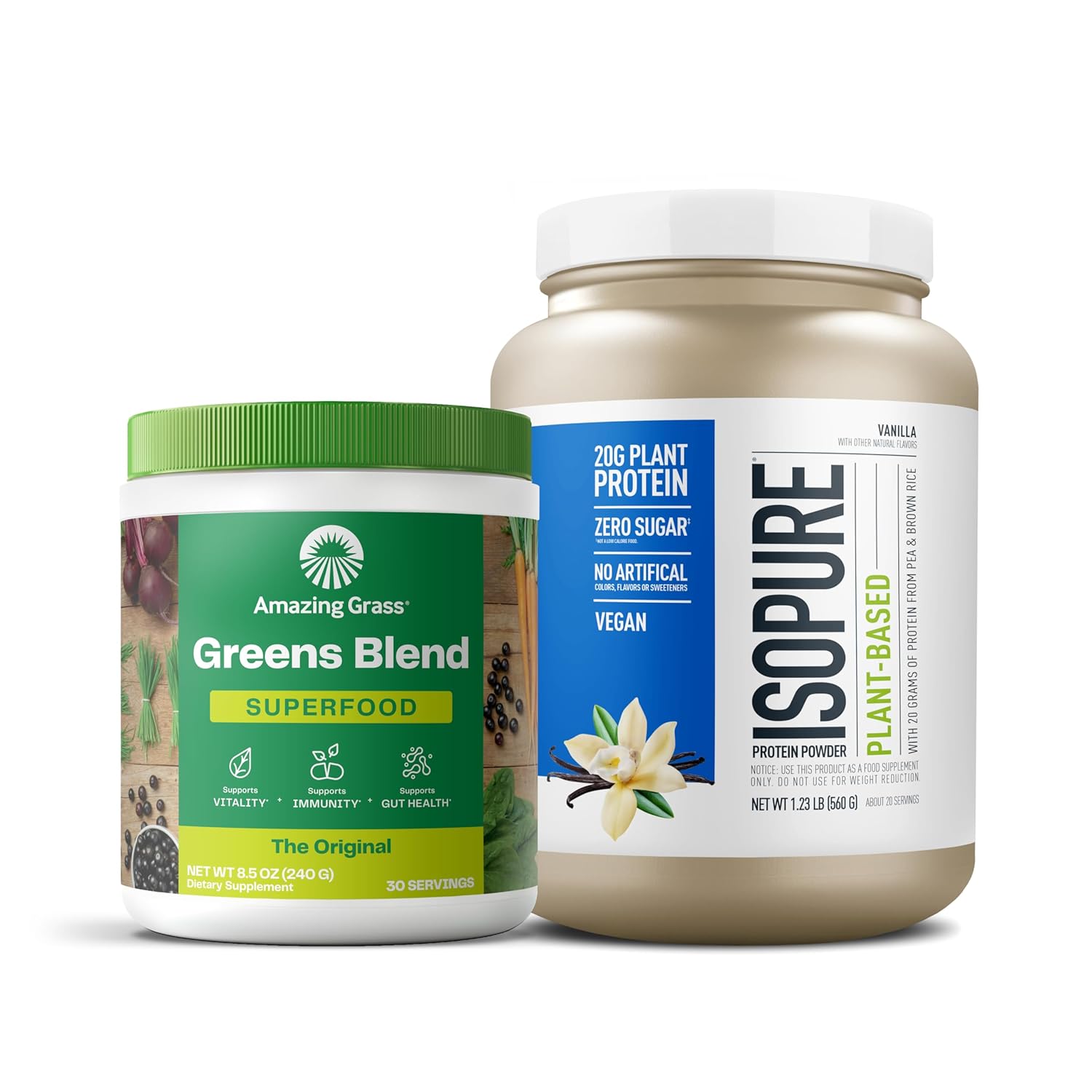 Bundle of Amazing Grass Greens Superfood Powder: Original, 30 Servings + Isopure Vanilla Vegan Protein Powder, Plant Based, Organic Pea Protein, Dairy Free, 20 Servings (Packaging May Vary)