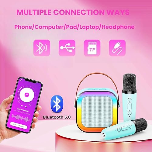 Miniatura 4 de Eimterlan Máquina de karaoke para niños, máquina de karaoke para niñas con 2 micrófonos inalámbricos, mini altavoz Bluetooth portátil para niños,