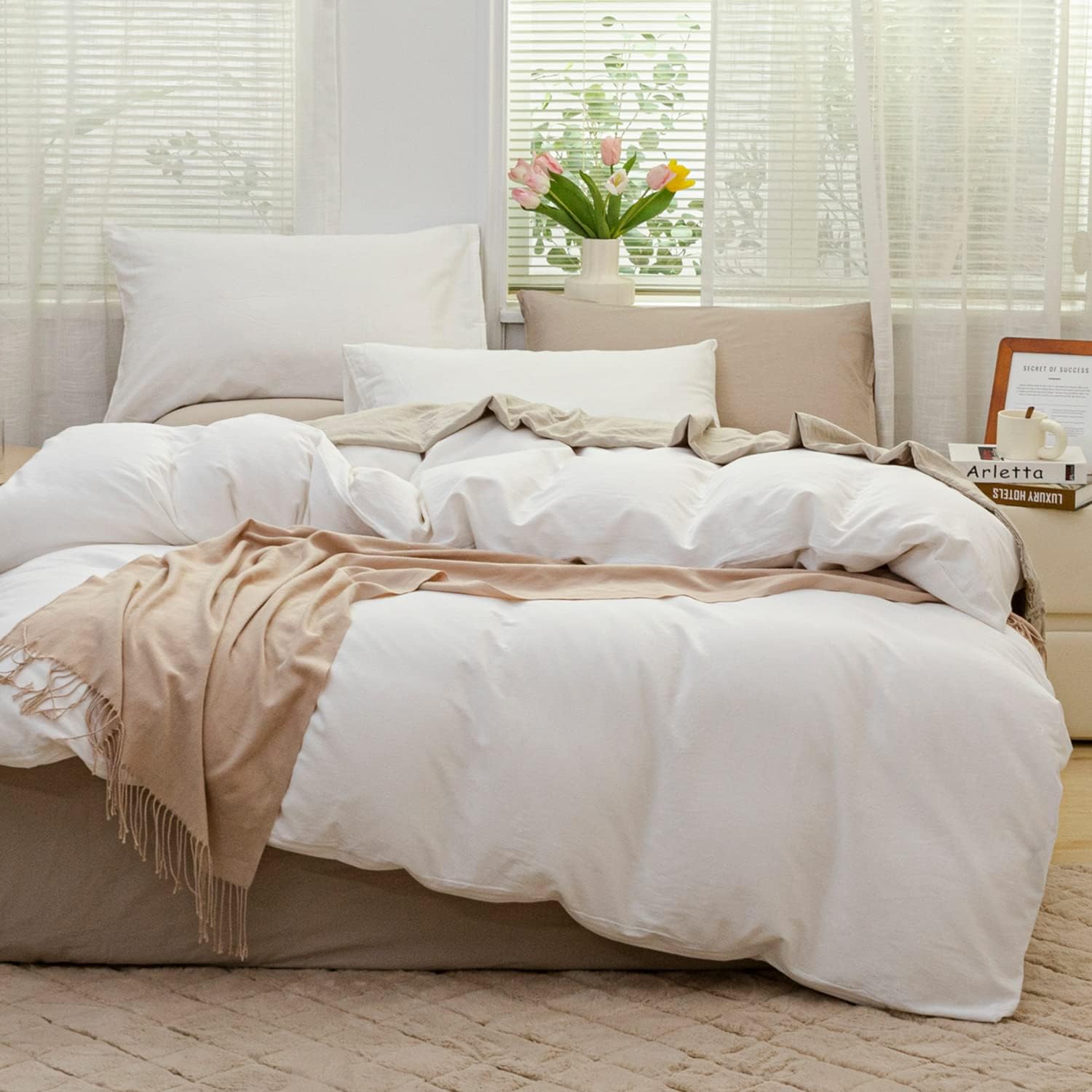 JELLYMONI 100% Washed Cotton Duvet Cover Set - 3 Pieces Cream White Ultra Soft Bedding Set with Zipper Closure. Solid Color Pattern Duvet Cover King Size (No Comforter)