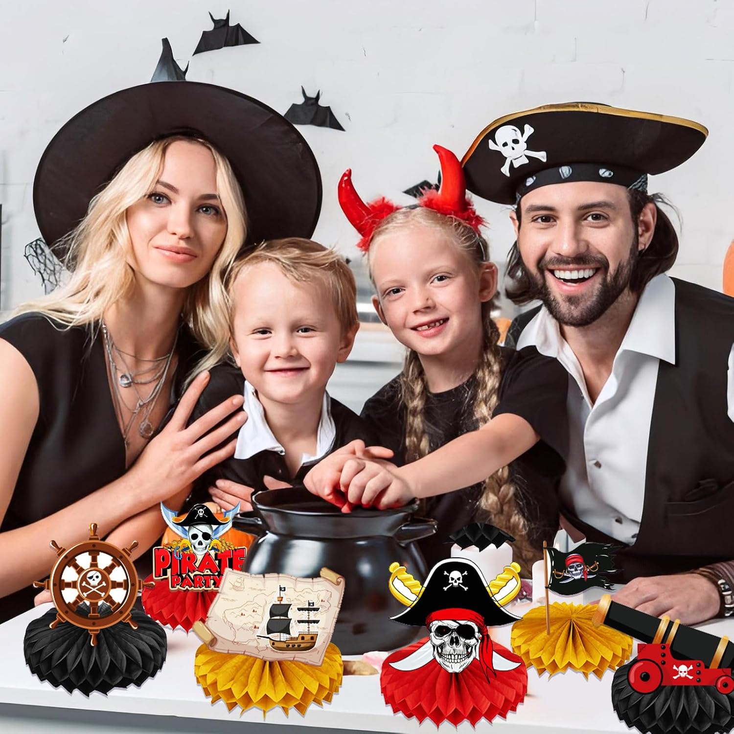 9 Pcs Pirate Party Decorations Honeycomb Centerpiece Table Decoration Pirate Ship Captain Hat Parrot Treasure Map Skull Cake Topper Nautical Decor for Birthday Party Baby Shower Office Classroom image 2