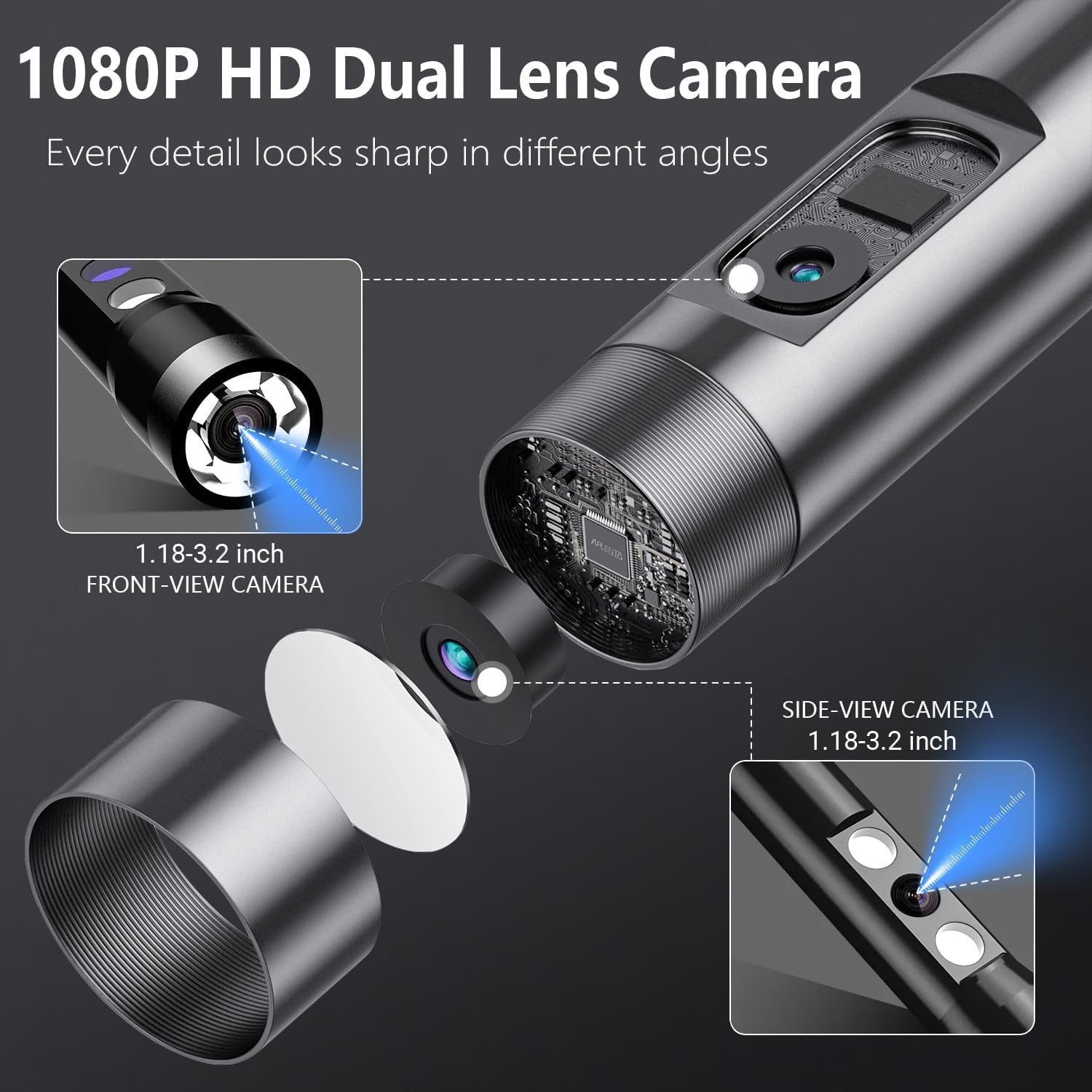 Dual-Lens Endoscope Camera with Light, 1920P HD Industrial Borescope with 4.3" IPS, 7 LED Lights & 32GB Card, IP67 Waterproof Inspection Camera with 16.5ft Semi-Rigid Cable for Sewer HVAC Car Repair