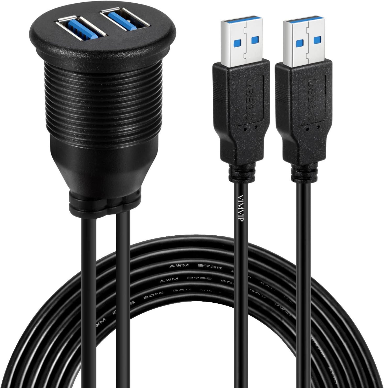VIMVIP Car Flush Mount 2 USB 3.0 Port Waterproof 6.5 Feet Extension Dash Pannel Mount Cable for In Car