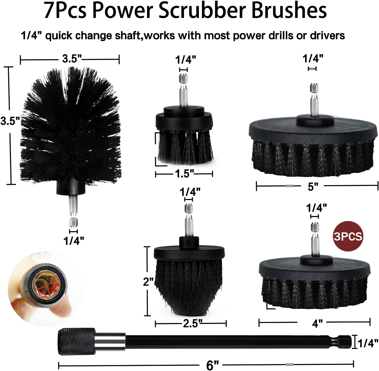 8 Pack Drill Brush Attachment Set, 1/4in Power Scrubber Brush + Extend Long Rod, Brush Drill Attachment, Power Cleaning Scrub Brush for Bathroom, Tub, Tile, Corner, Floor（Black） thumbnail