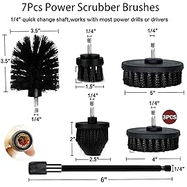 Drill Brush Attachment Set, 7 Pack 1/4in Power Scrubber Brush + Extend Long Rod, Brush Drill Attachment, Power Cleaning Scrub Brush for Bathroom, Tub, Tile, Corner, FloorBlack