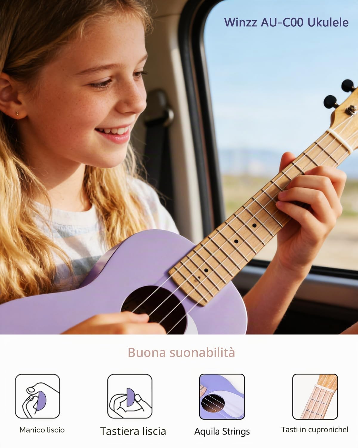 Winzz Ukulele soprano per bambini per adulti e bambini, 53 cm, colore viola