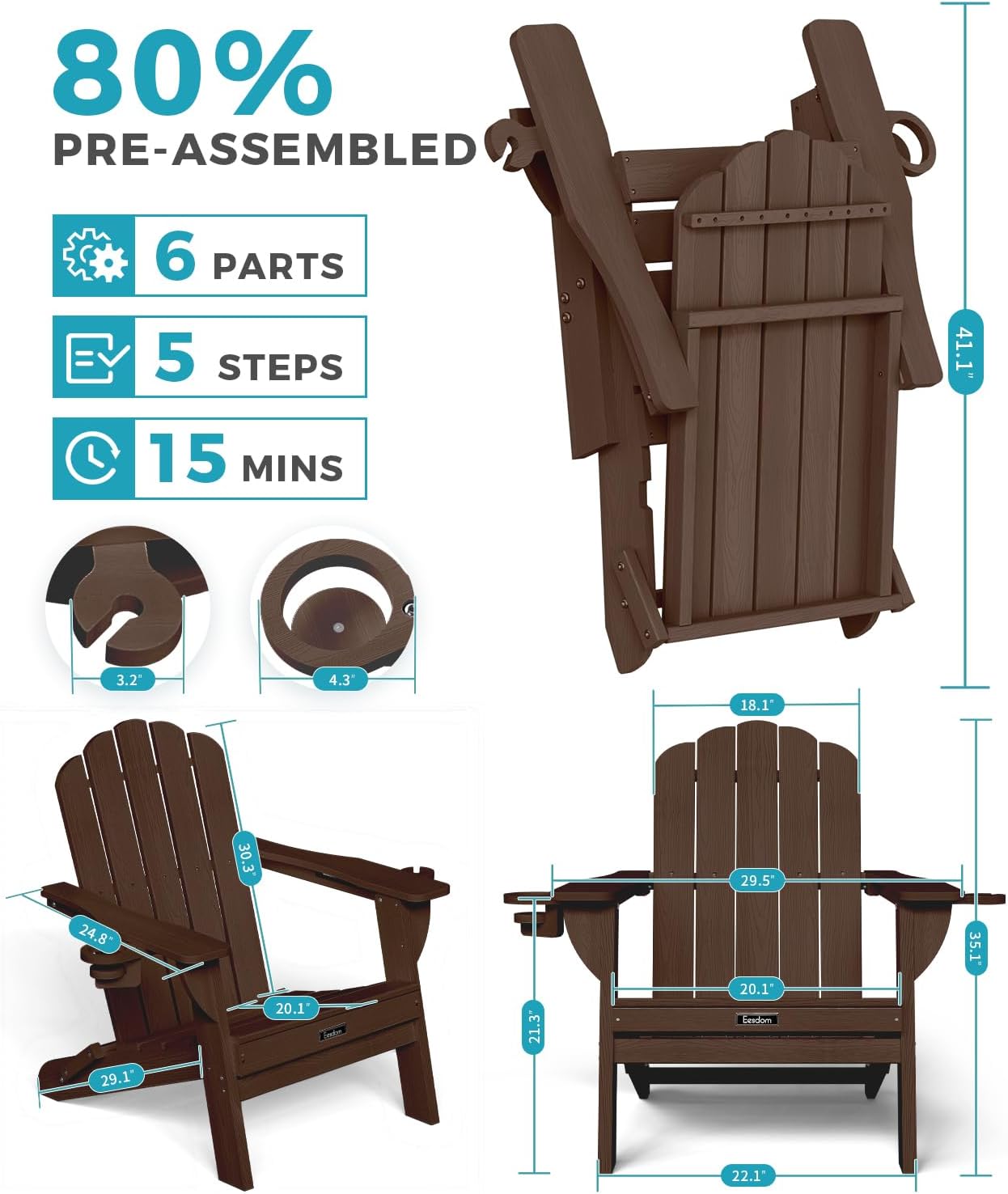 Adirondack Chairs Set of 4, Foldable Adirondack Chairs with 2 Cup Holder, Wood Texture HDPE Fire Pit Chairs, Outdoor Lawn Chair for Patio Garden, Brown