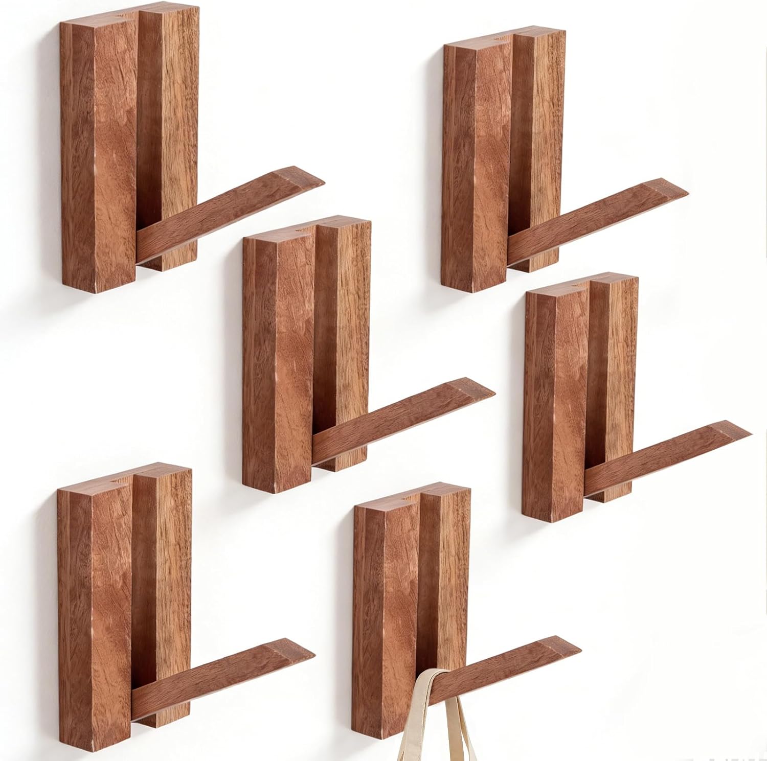 Novabright 6 Pack Foldable Wood Wall Hooks Light Sapele Coat Hooks with Screws & Nail-free Glue for Hanging Hat Backpack Bag Jacket Farmhouse Wall Decorative Bathroom, Bedroom, Kitchen, Entryway Decor