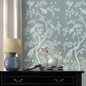 Birds and Berries Chinoiserie Wall Mural Stencil Large Reusable Stencil for Painting Wall Mural DIY Wallpaper Alternative for Home Decor Small