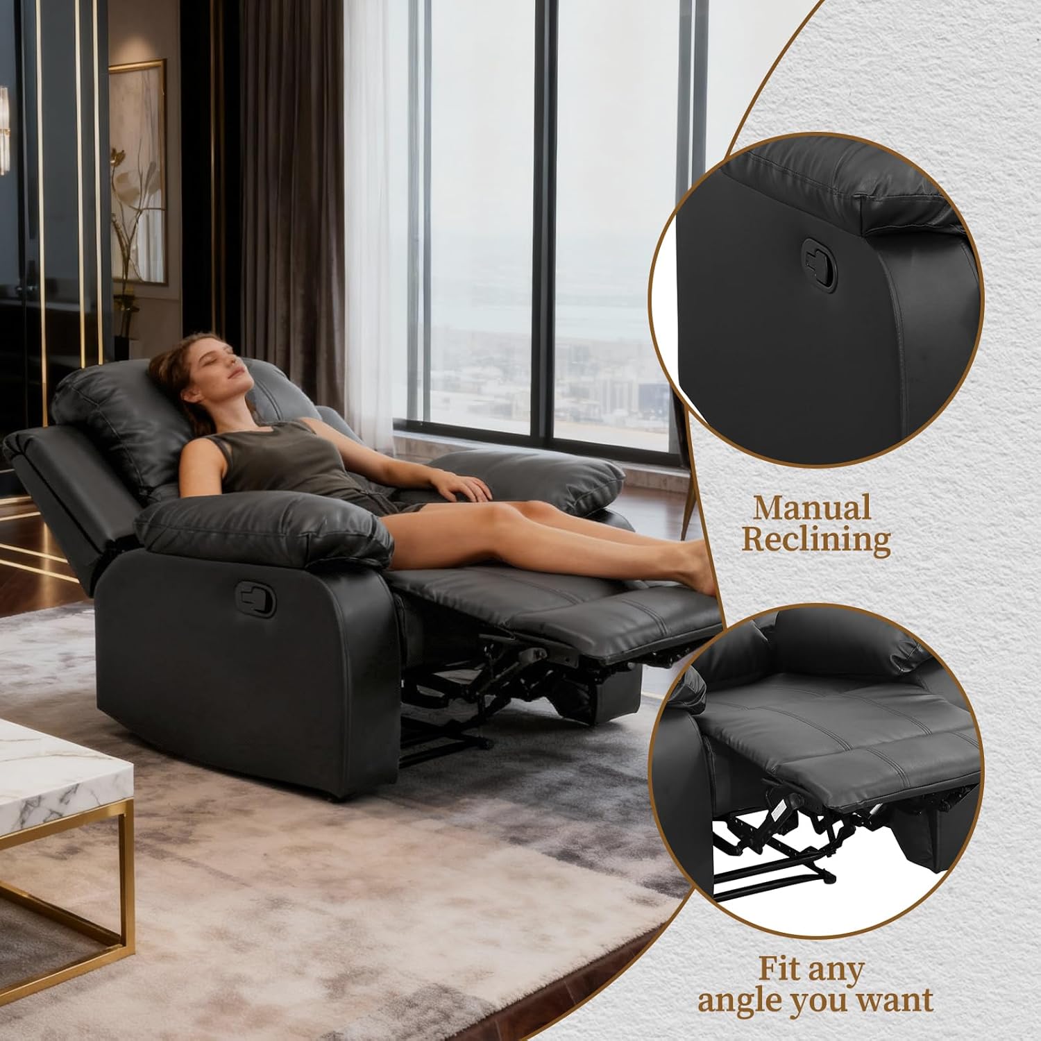 Living Room Furniture Sets, Sectional Leather Sofa Set, Adjustable Recliner Chair with Manual Button for Living Room/RV/Office (Chair, Black Leather)