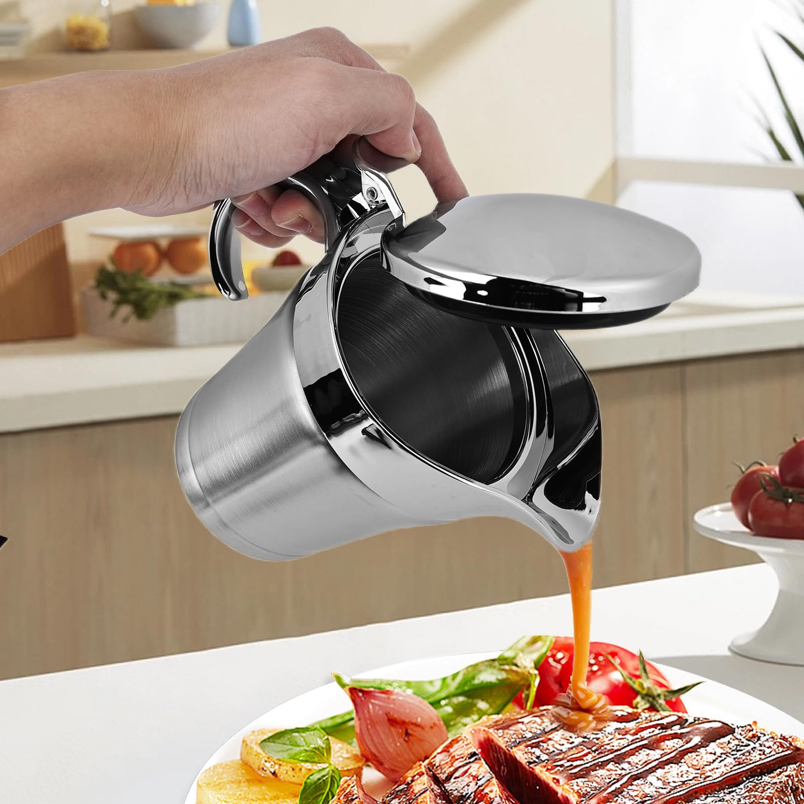 Carafe à sauce thermique en acier inoxydable avec couvercle rabattable, bol de 750 ml, double isolation, carafe à sauce argentée, récipient pour sauce thermique, gobelet pour sauce vanille, crème et