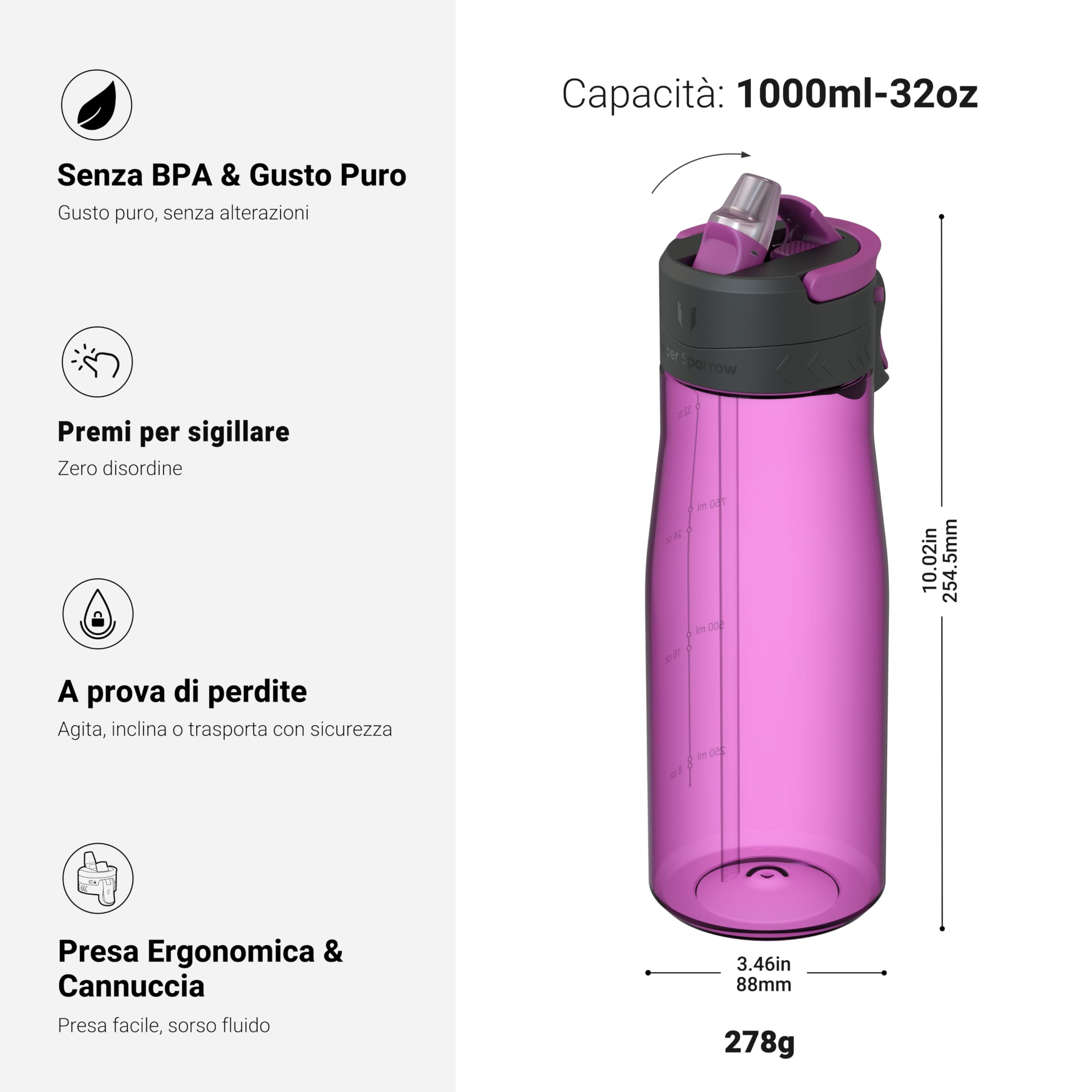 Sparrow Borraccia - 500ml, 750ml, 1L - TouchFlow Bottiglia Senza BPA - Senza Perdite Borraccia Cannuccia - Borracce Sportiva Flusso Rapido Con Un Clic per Scuola, All'aperto