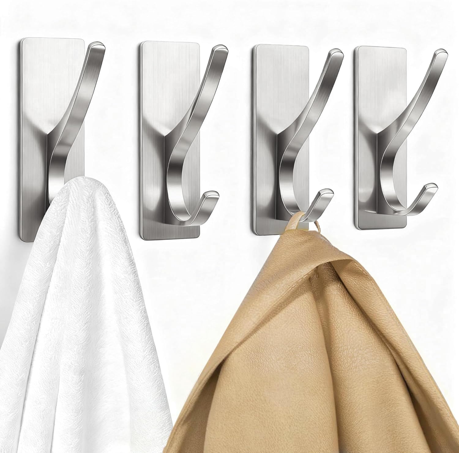 pickpiff Brush Nickel Self-Adhesive Hook, 13LB Hanger for Coat/Towel, 4 Pcs Brushed Nickel 4 Pack