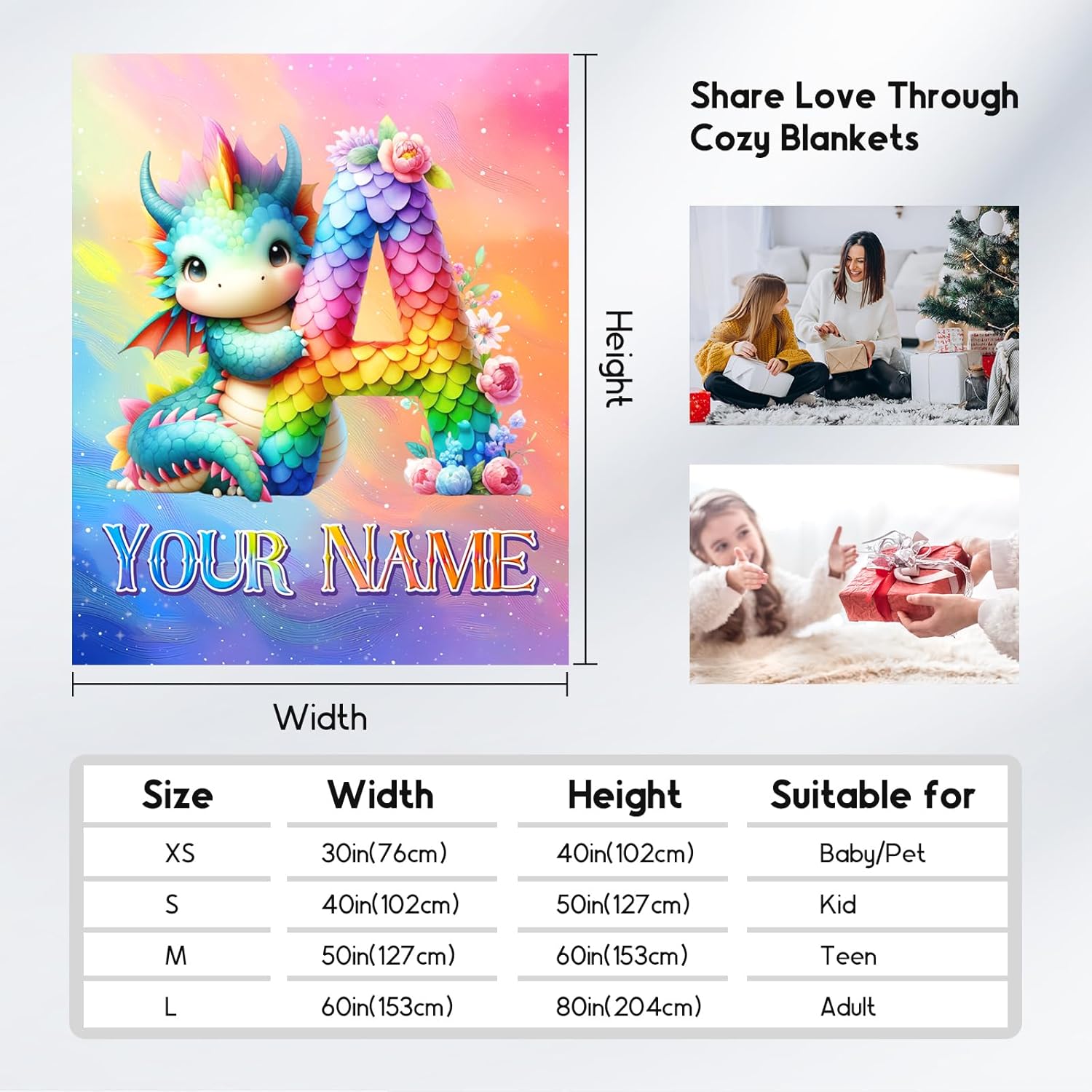 Custom Blanket with Name for Girls & Boys - Dragon Blankets Gifts for Dragon Lovers - Personalized Initial Throws for Daughter Son - 50"x60" Kids Throw for Couch, Sofa, Bed