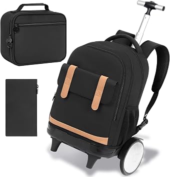 KLFVB Rolling Backpack with Big Quiet-Glide Wheels, 3-in-1 Wheeled Commuter Set with Lunch Bag | Water-Resistant Roller Bag for Men & Women, Work, Travel, School - Black