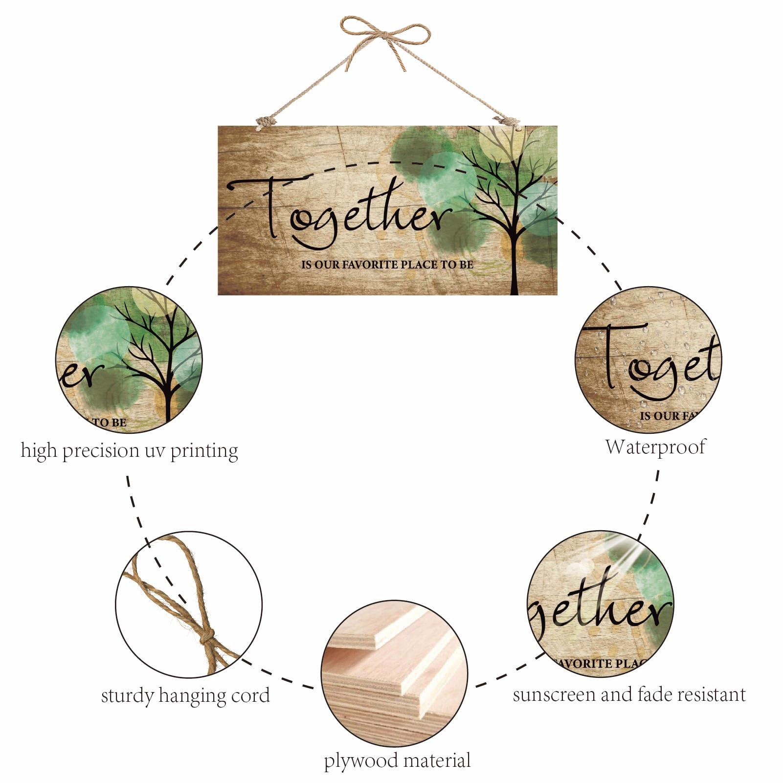 CREATCABIN Wooden Hanging Wall Plaque Home Decoration Together is Our Favorite Place to Be Sign Family Wall Art Decor With Jute Twine for Front Door Home Decor or Housewarming 11.8×5.9in - Image 3